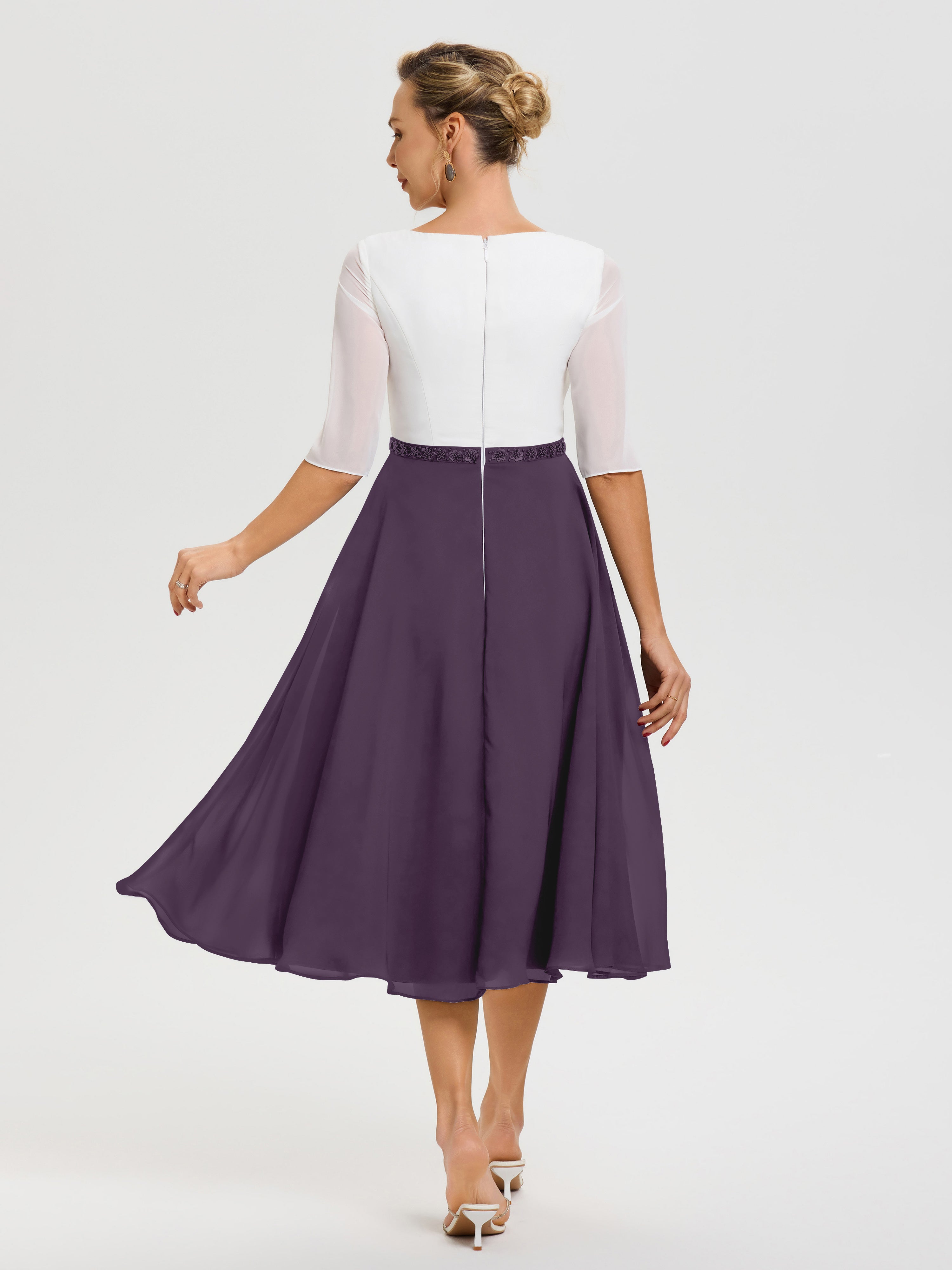 Robe Mariage Mère Du Marié Plum Col V Mousseline & Dentelle Demi Manches Robe De La Mère Du Marié