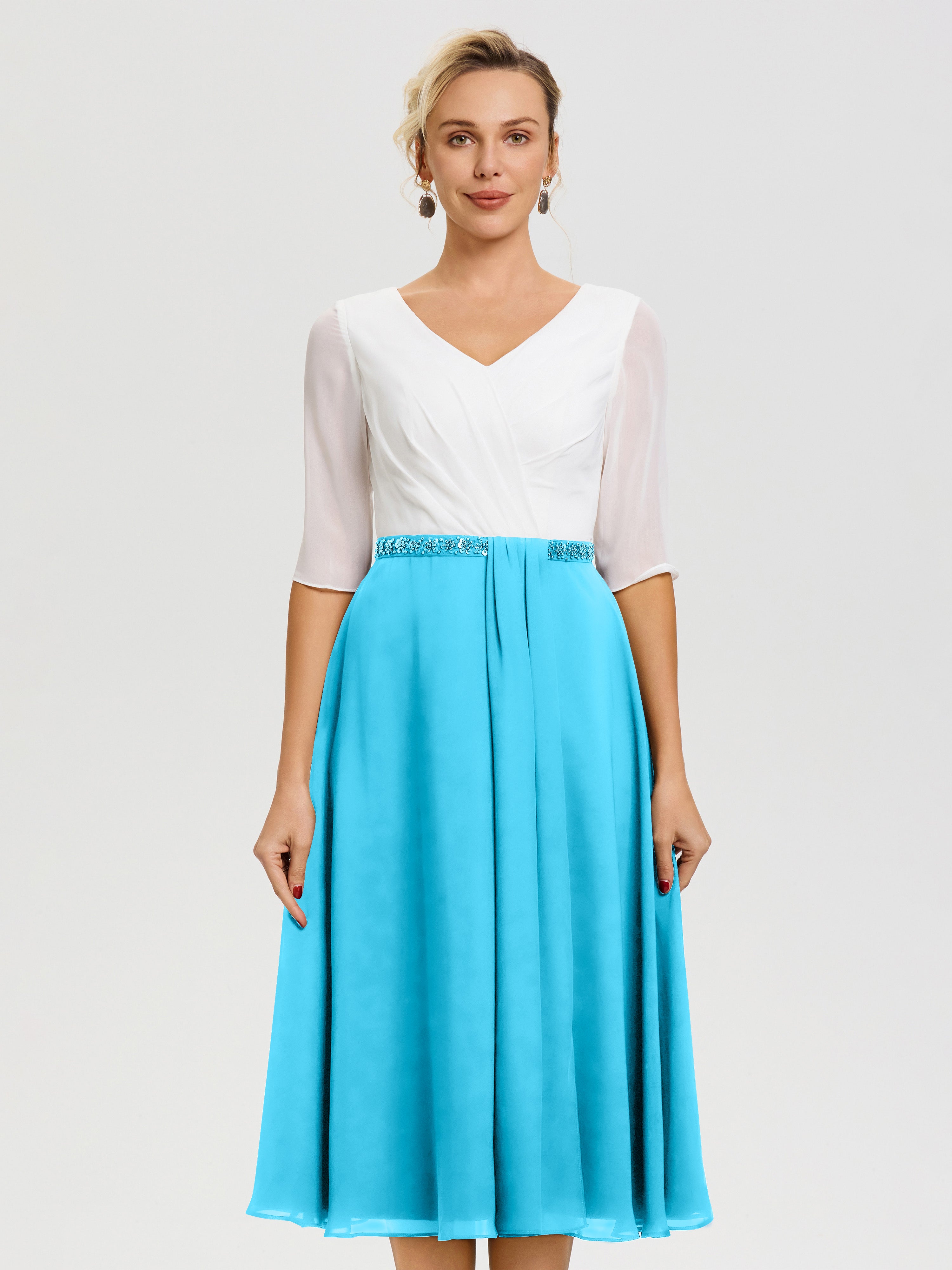 Robe Mariage Mère Du Marié Piscine Col V Mousseline & Dentelle Demi Manches Robe De La Mère Du Marié