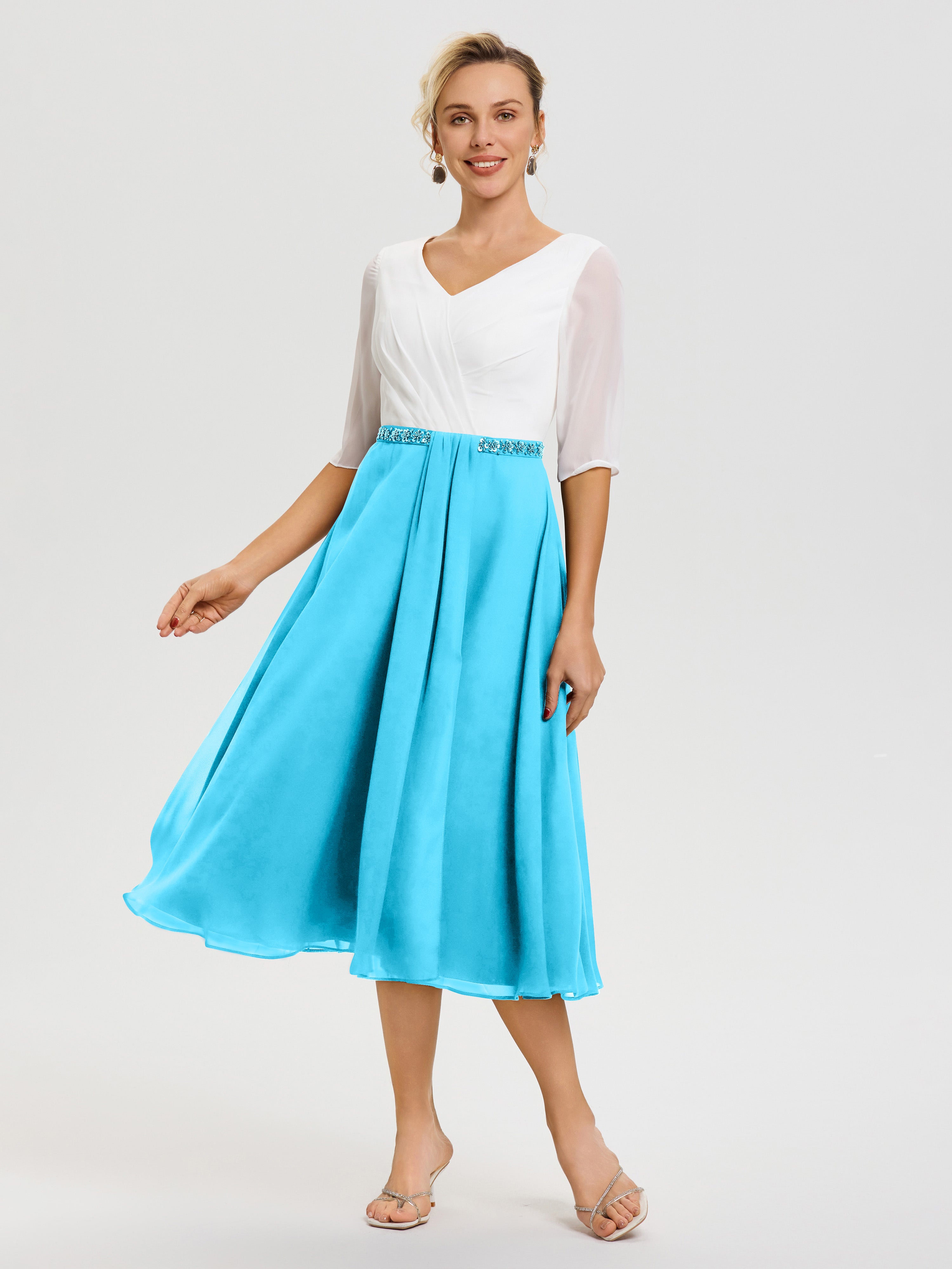 Robe Mariage Mère Du Marié Piscine Col V Mousseline & Dentelle Demi Manches Robe De La Mère Du Marié