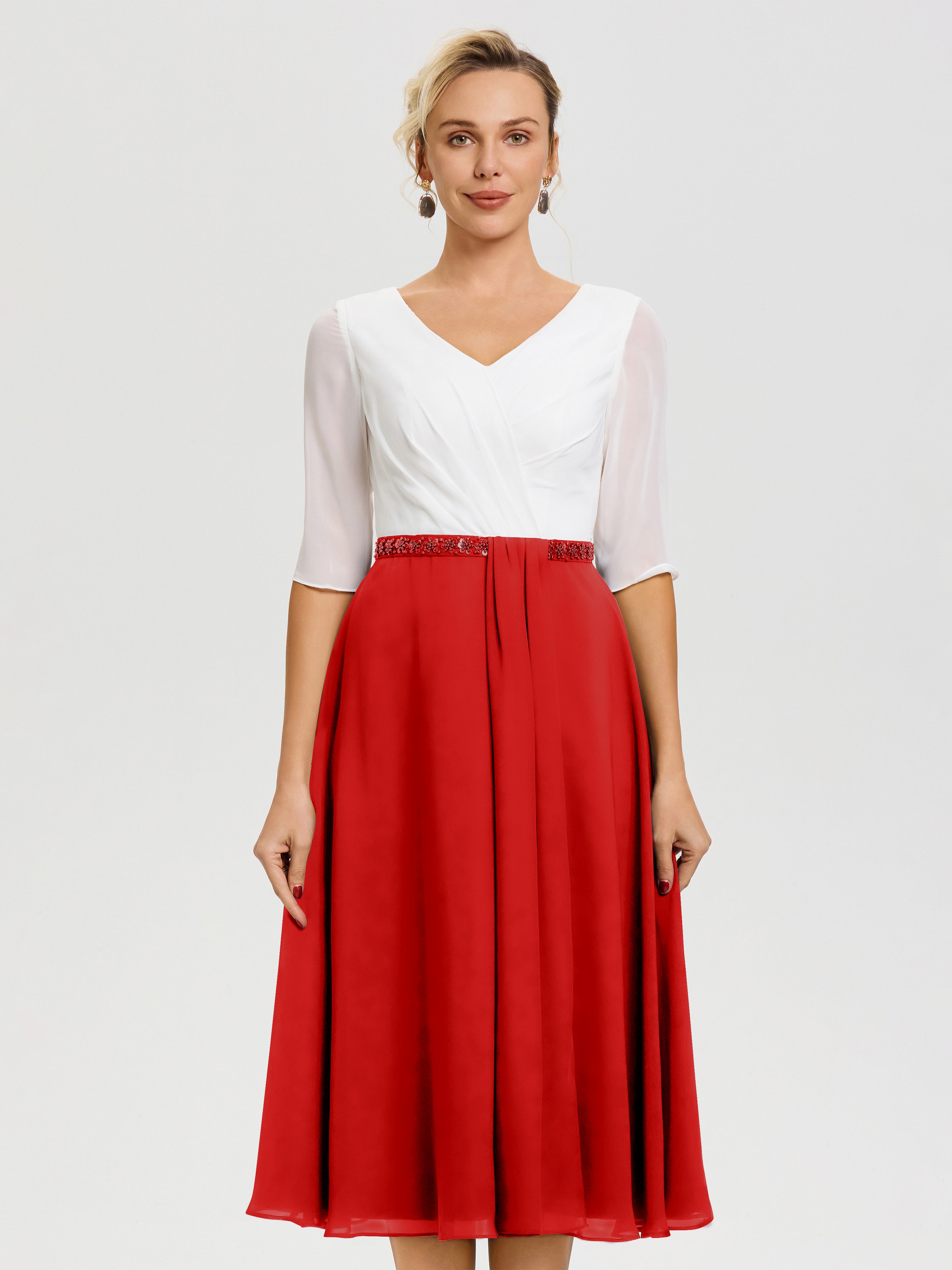 Robe Mariage Mère Du Marié Rouge Col V Mousseline & Dentelle Demi Manches Robe De La Mère Du Marié