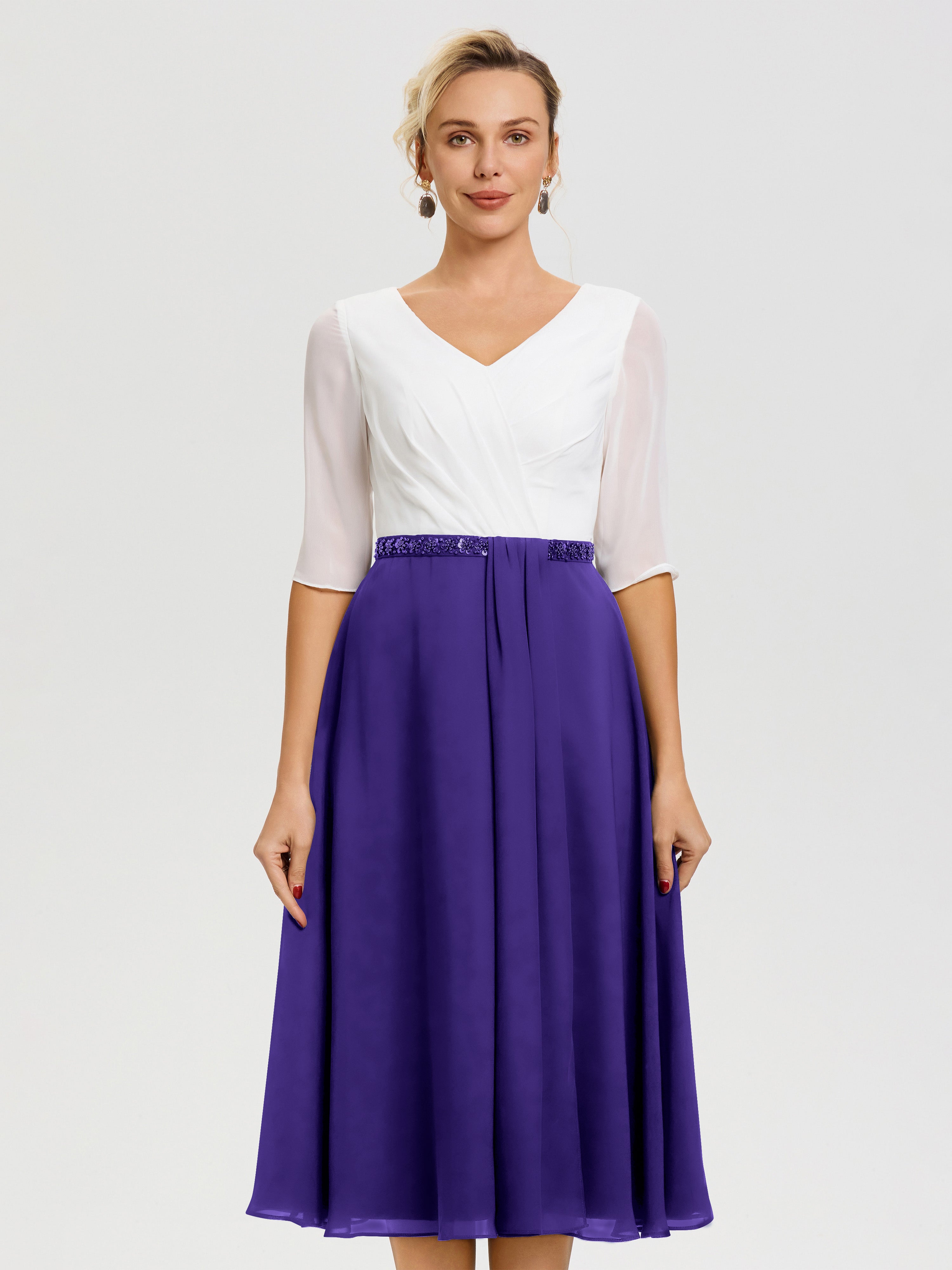 Robe Mariage Mère Du Marié Régence Col V Mousseline & Dentelle Demi Manches Robe De La Mère Du Marié