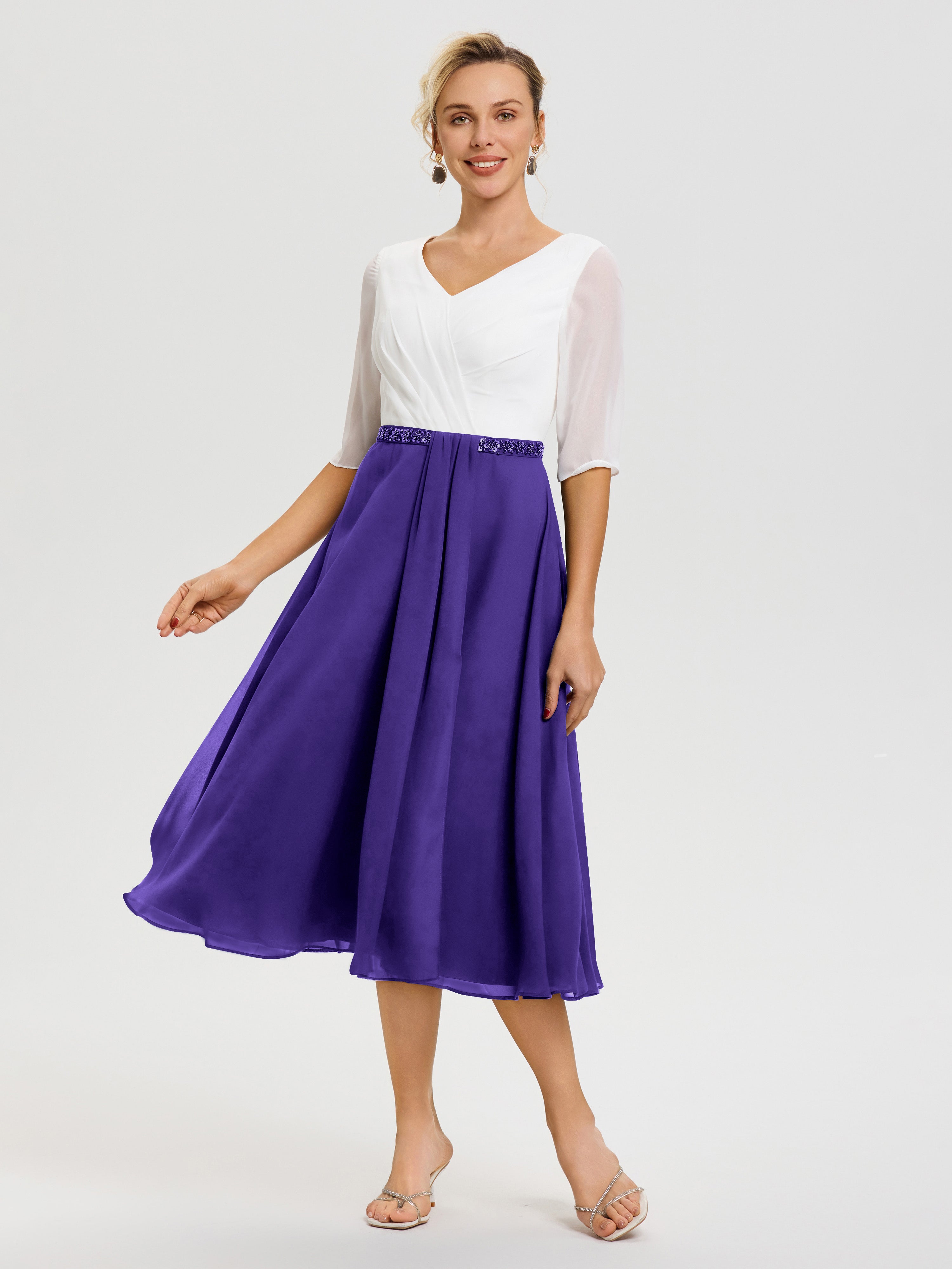 Robe Mariage Mère Du Marié Régence Col V Mousseline & Dentelle Demi Manches Robe De La Mère Du Marié