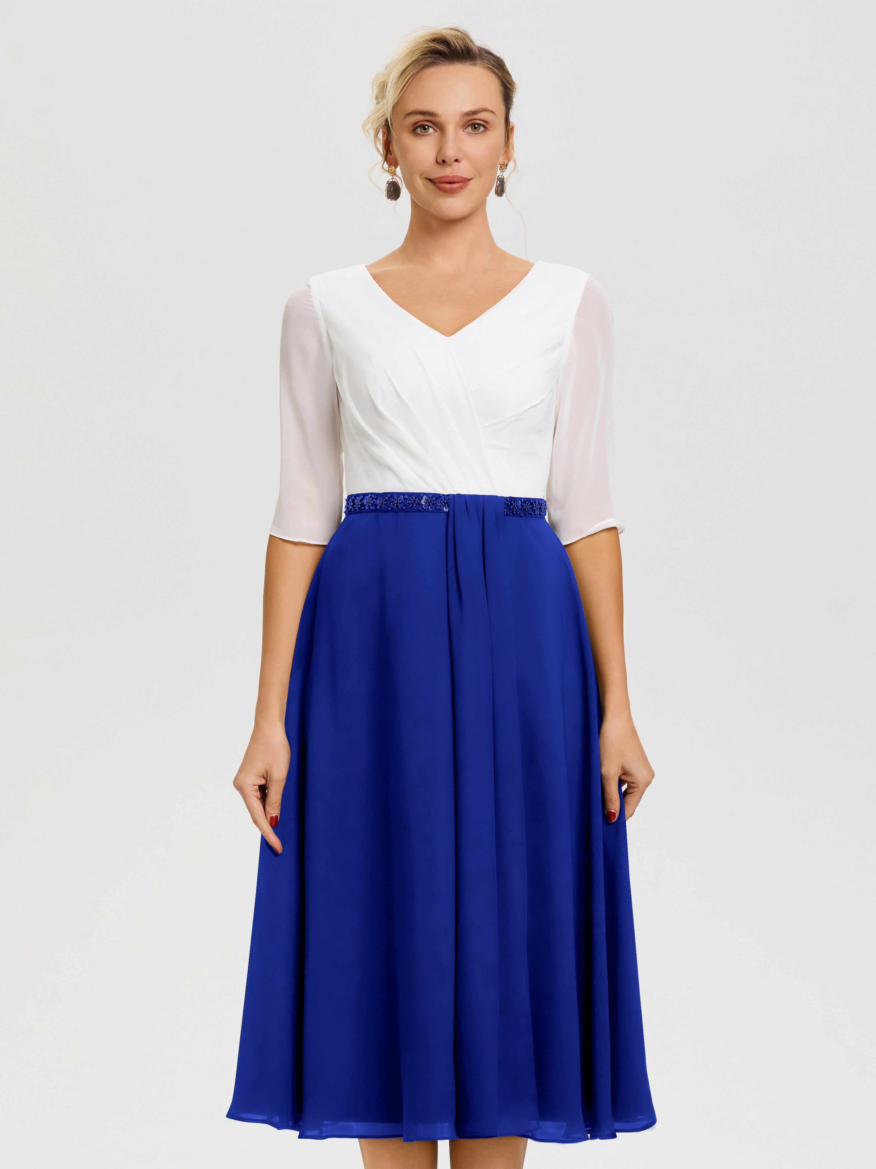 Robe De La Mère De La Mariée Bleu Royale Col V Mousseline & Dentelle Demi Manches Robe De La Mère Du Marié
