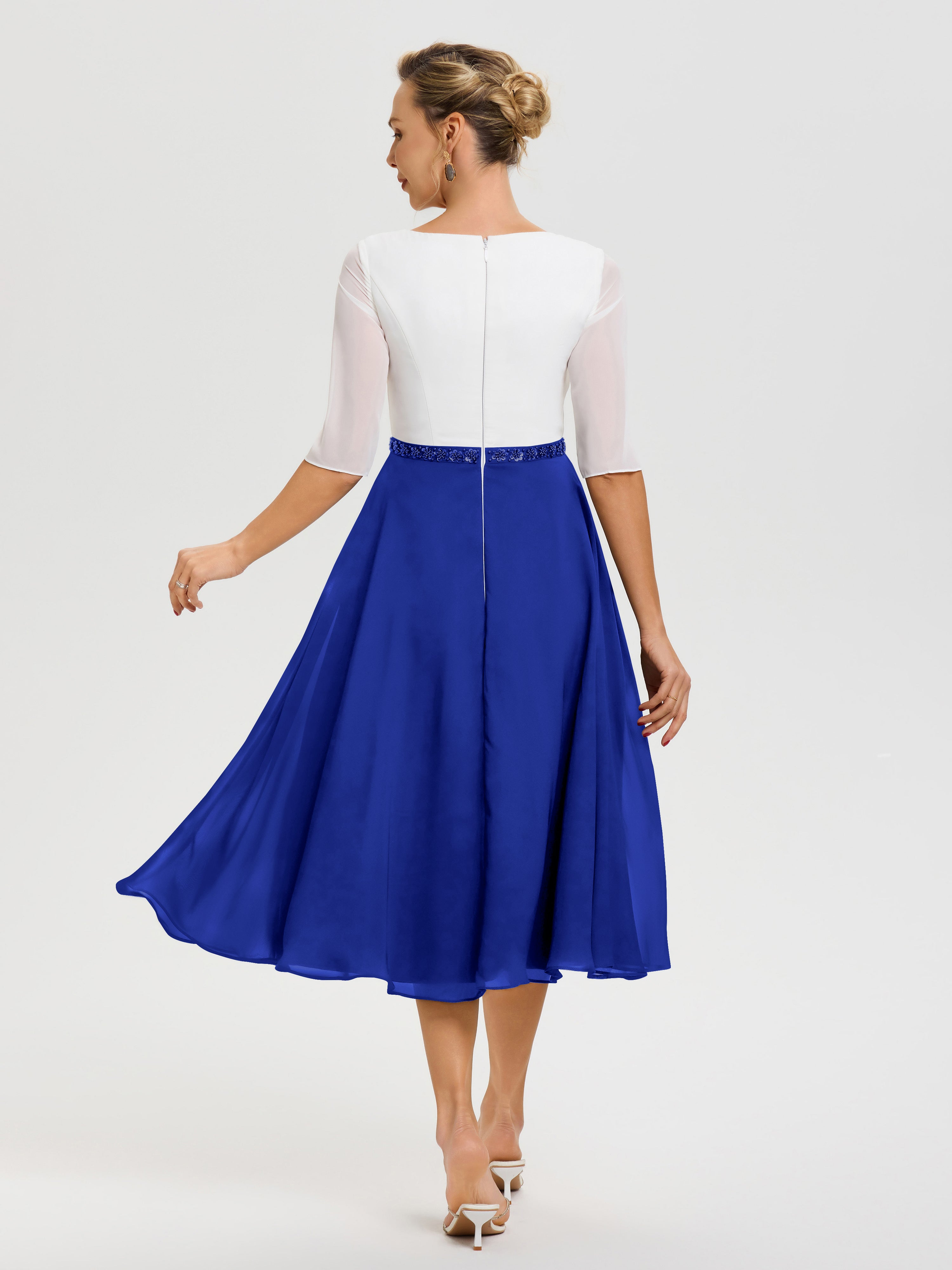 Robe De La Mère De La Mariée Bleu Royale Col V Mousseline & Dentelle Demi Manches Robe De La Mère Du Marié