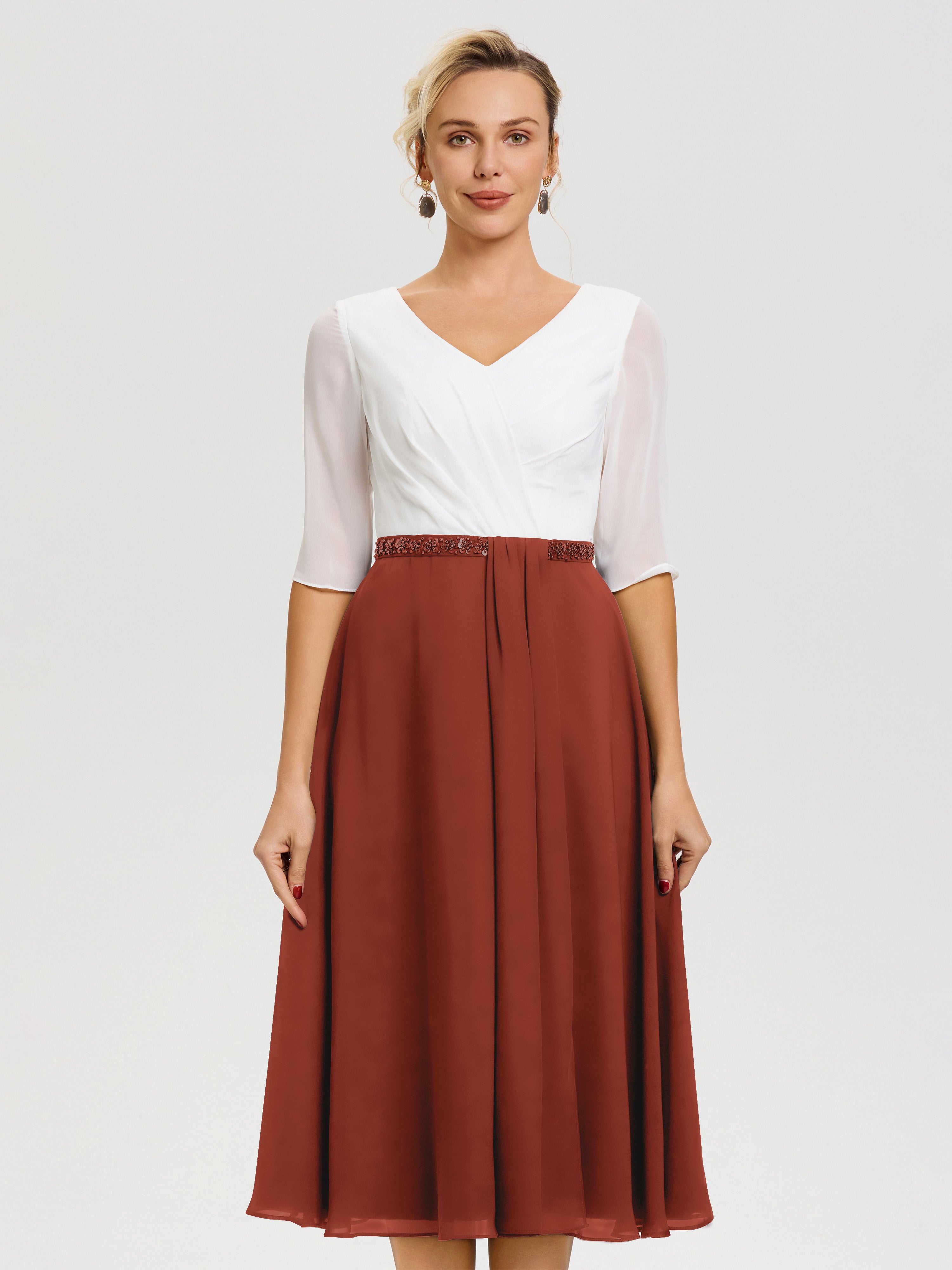 Robe Mariage Mère Du Marié Rouille Col V Mousseline & Dentelle Demi Manches Robe De La Mère Du Marié