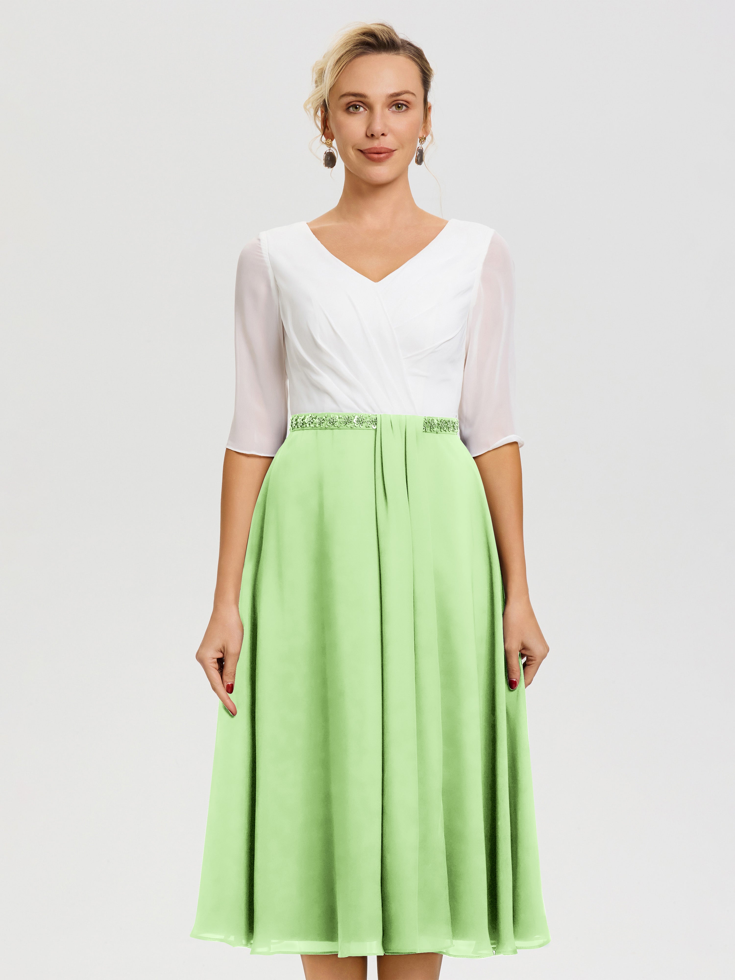 Robe Chic Mère De La Mariée Sauge Col V Mousseline & Dentelle Demi Manches Robe De La Mère Du Marié