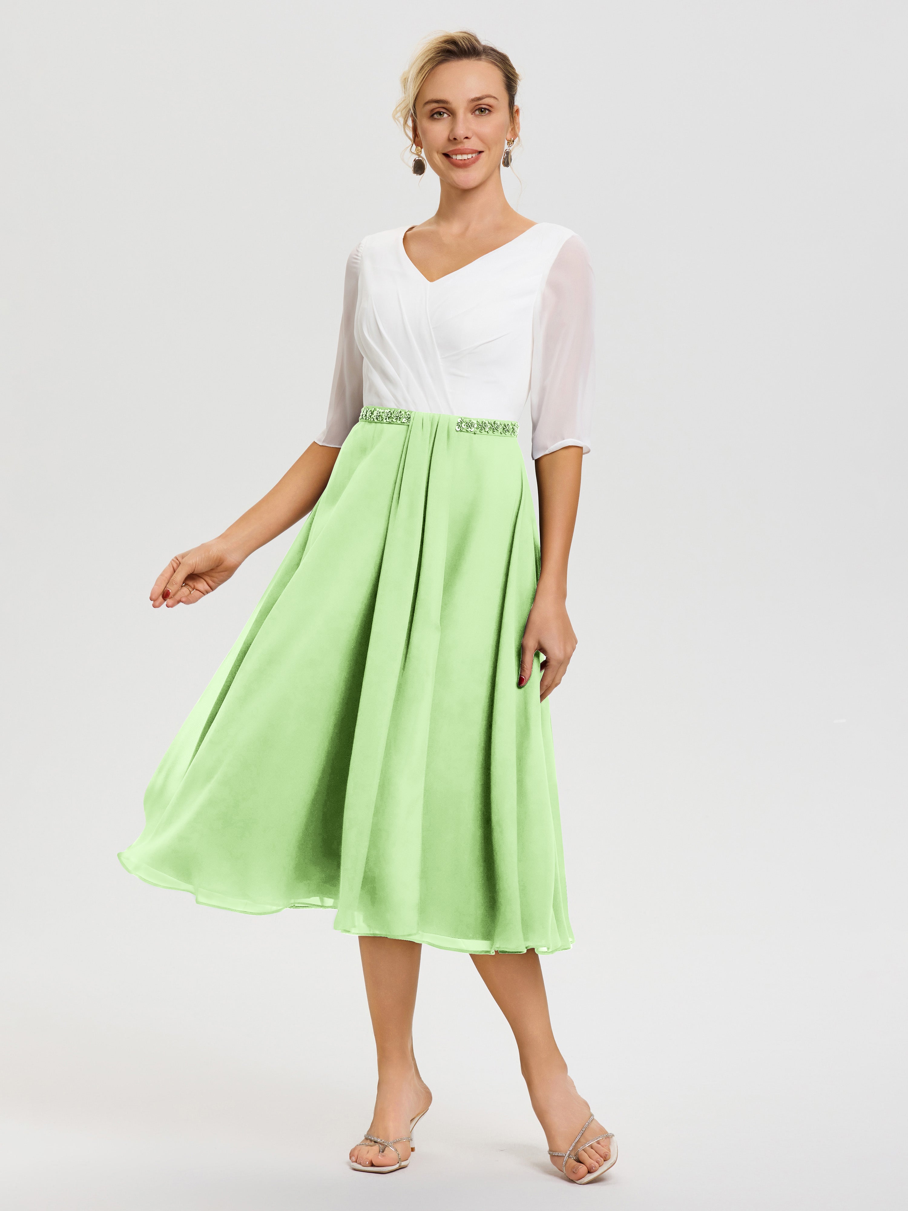 Robe Chic Mère De La Mariée Sauge Col V Mousseline & Dentelle Demi Manches Robe De La Mère Du Marié