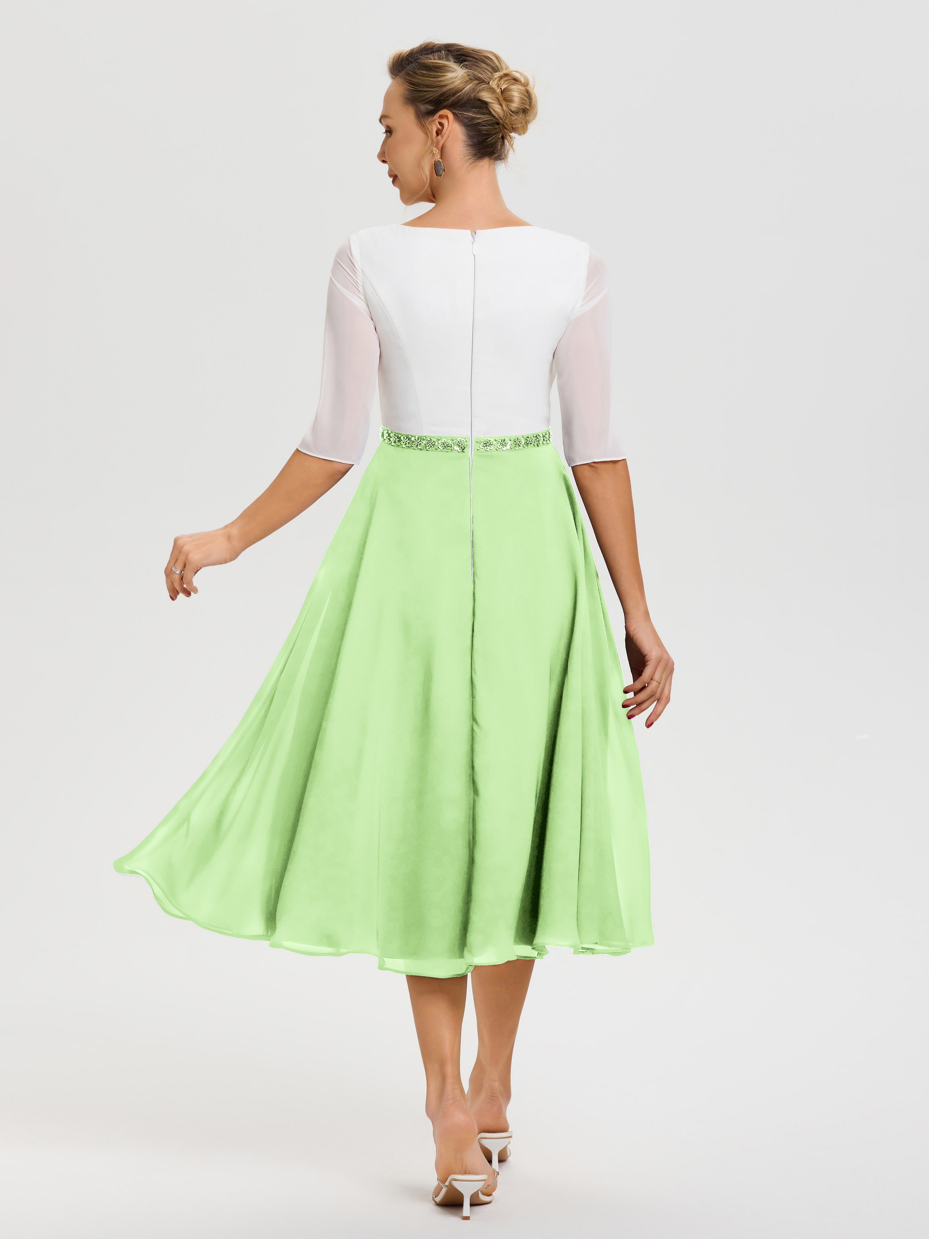 Robe Chic Mère De La Mariée Sauge Col V Mousseline & Dentelle Demi Manches Robe De La Mère Du Marié