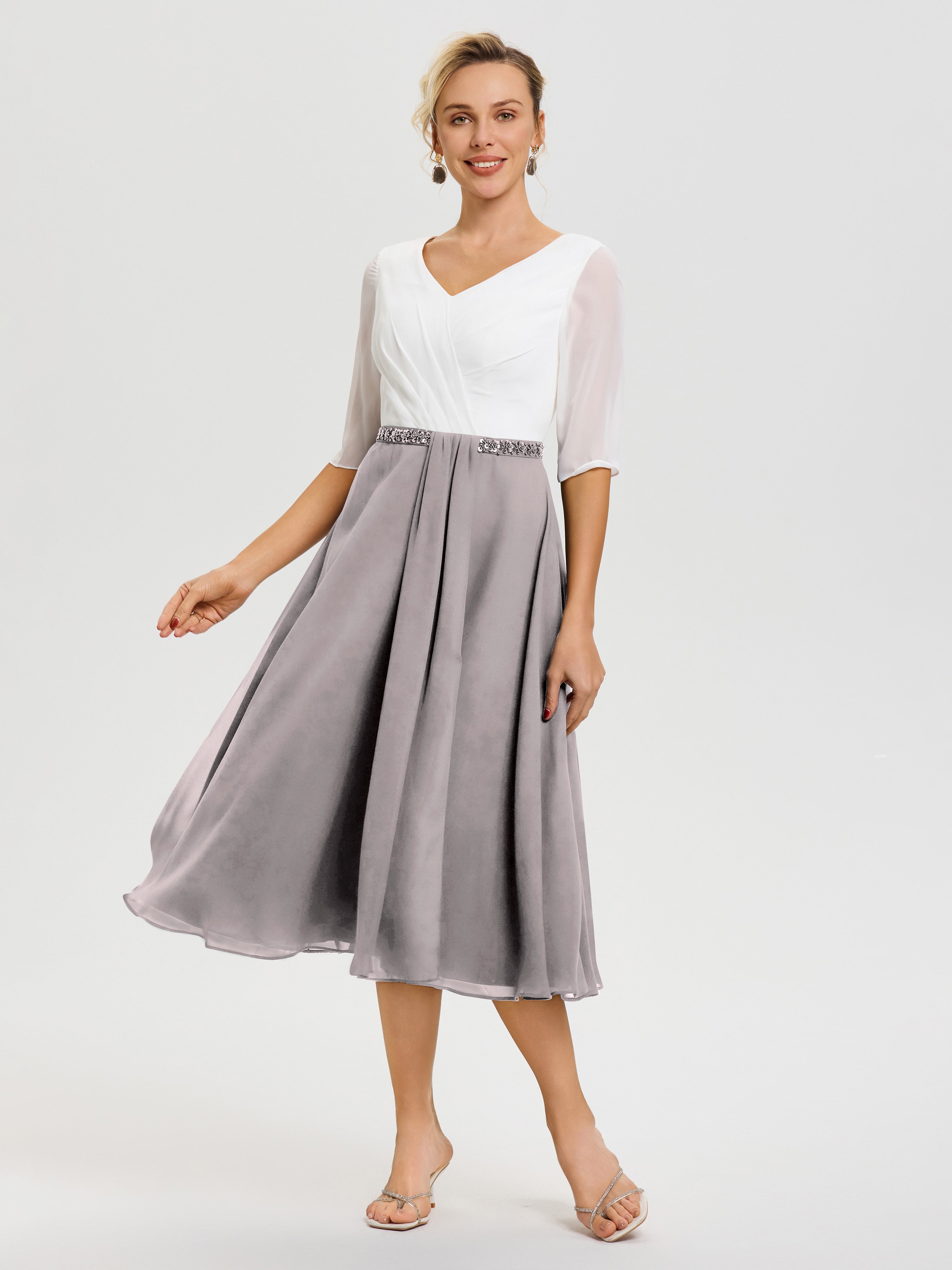 Robe De La Mère De La Mariée Argent Col V Mousseline & Dentelle Demi Manches Robe De La Mère Du Marié