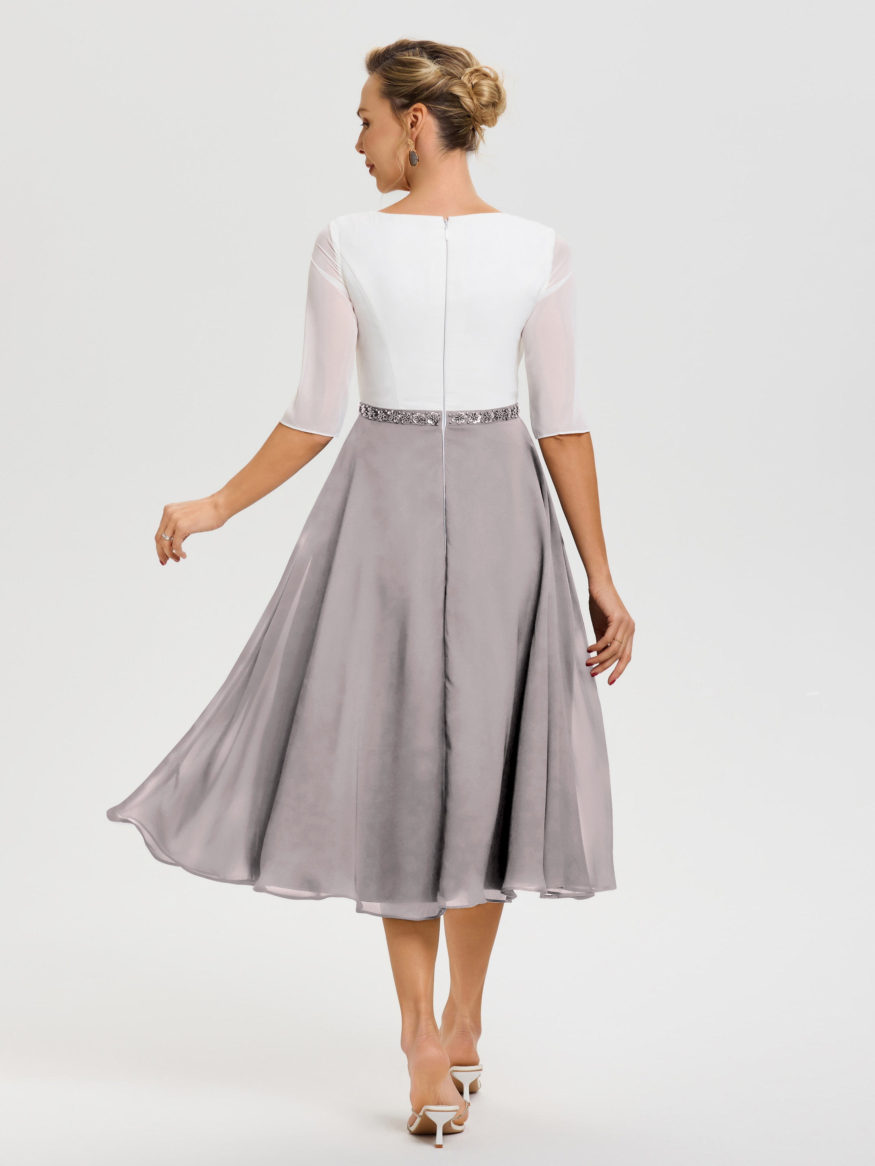 Robe De La Mère De La Mariée Argent Col V Mousseline & Dentelle Demi Manches Robe De La Mère Du Marié