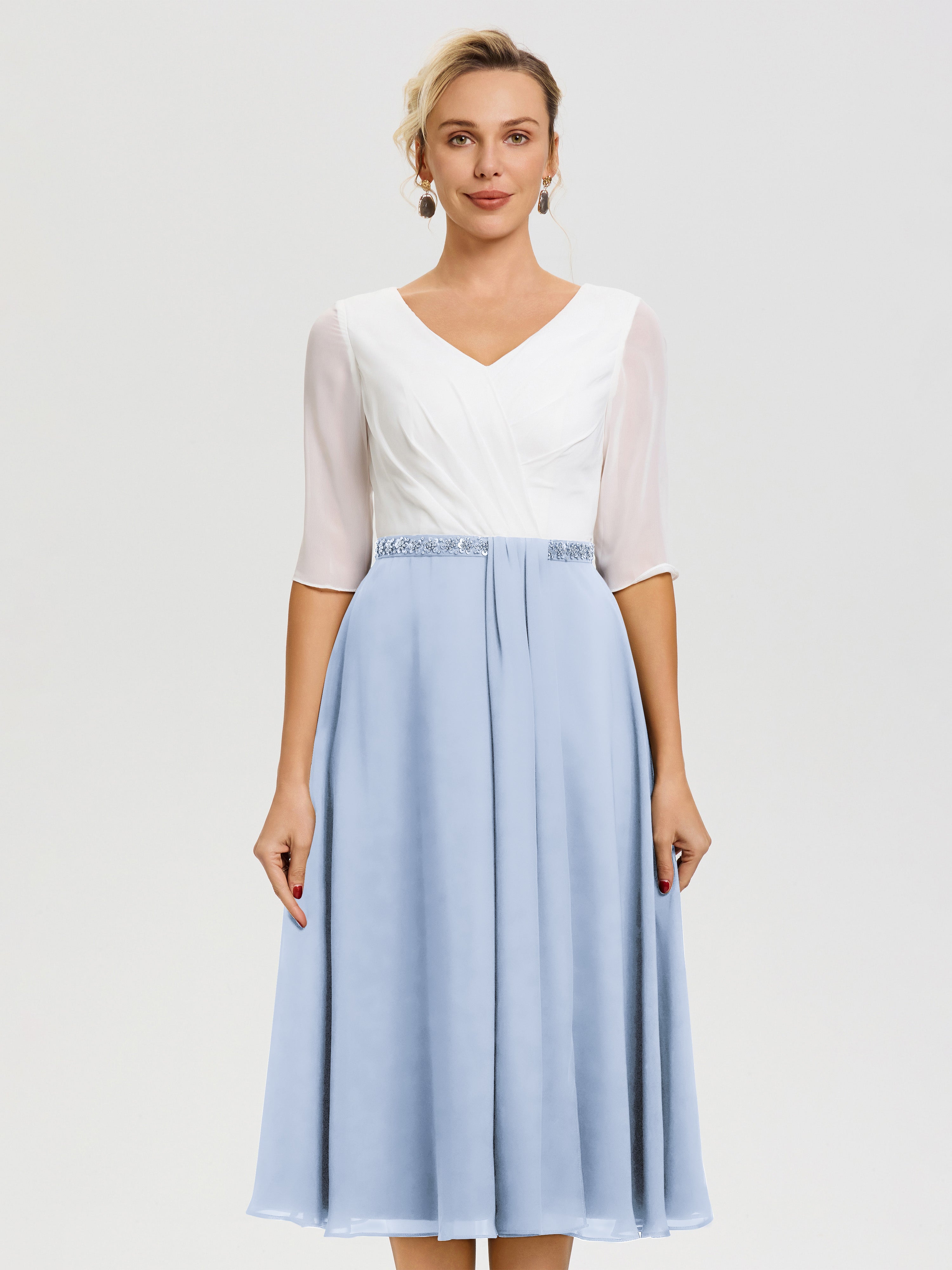 Robe De La Mère De La Mariée Bleu Ciel Col V Mousseline & Dentelle Demi Manches Robe De La Mère Du Marié