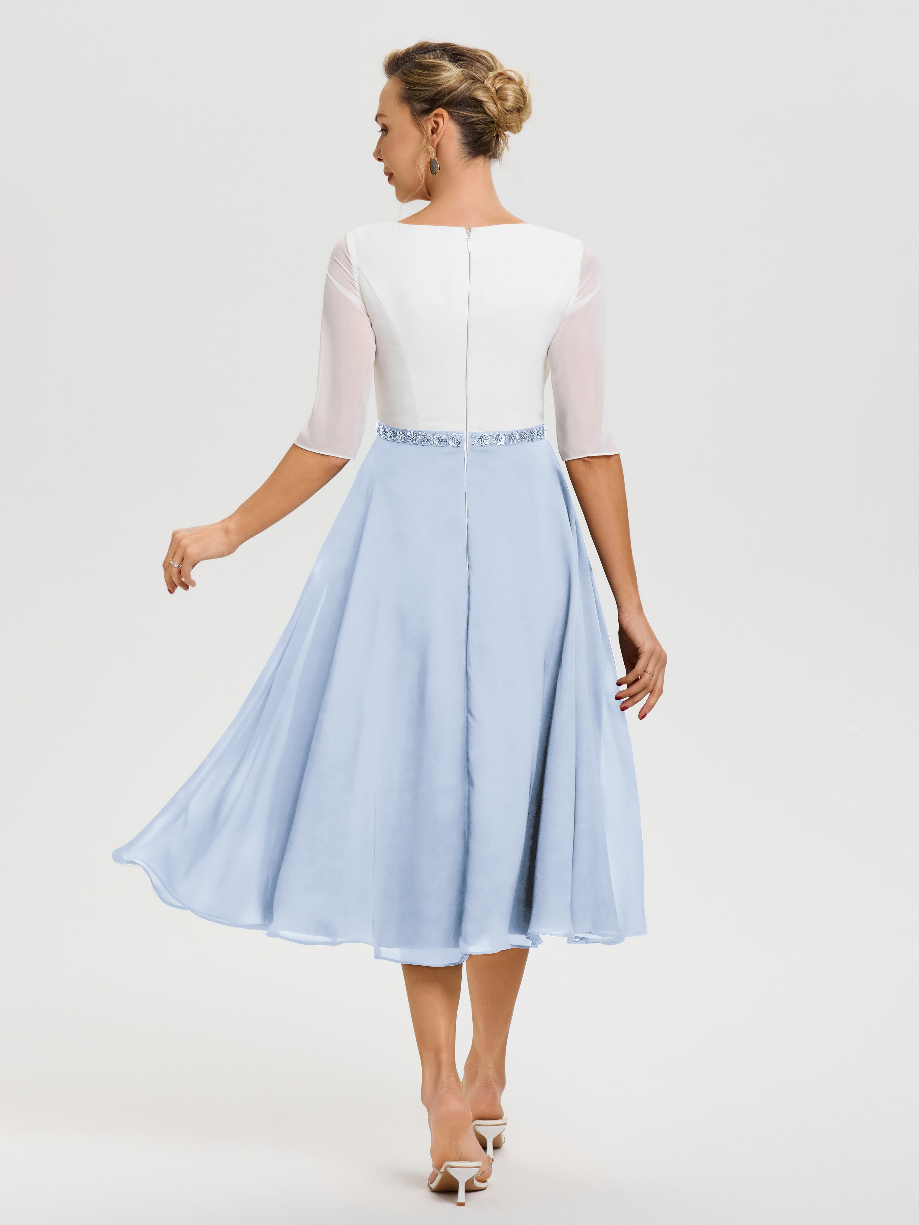 Robe De La Mère De La Mariée Bleu Ciel Col V Mousseline & Dentelle Demi Manches Robe De La Mère Du Marié