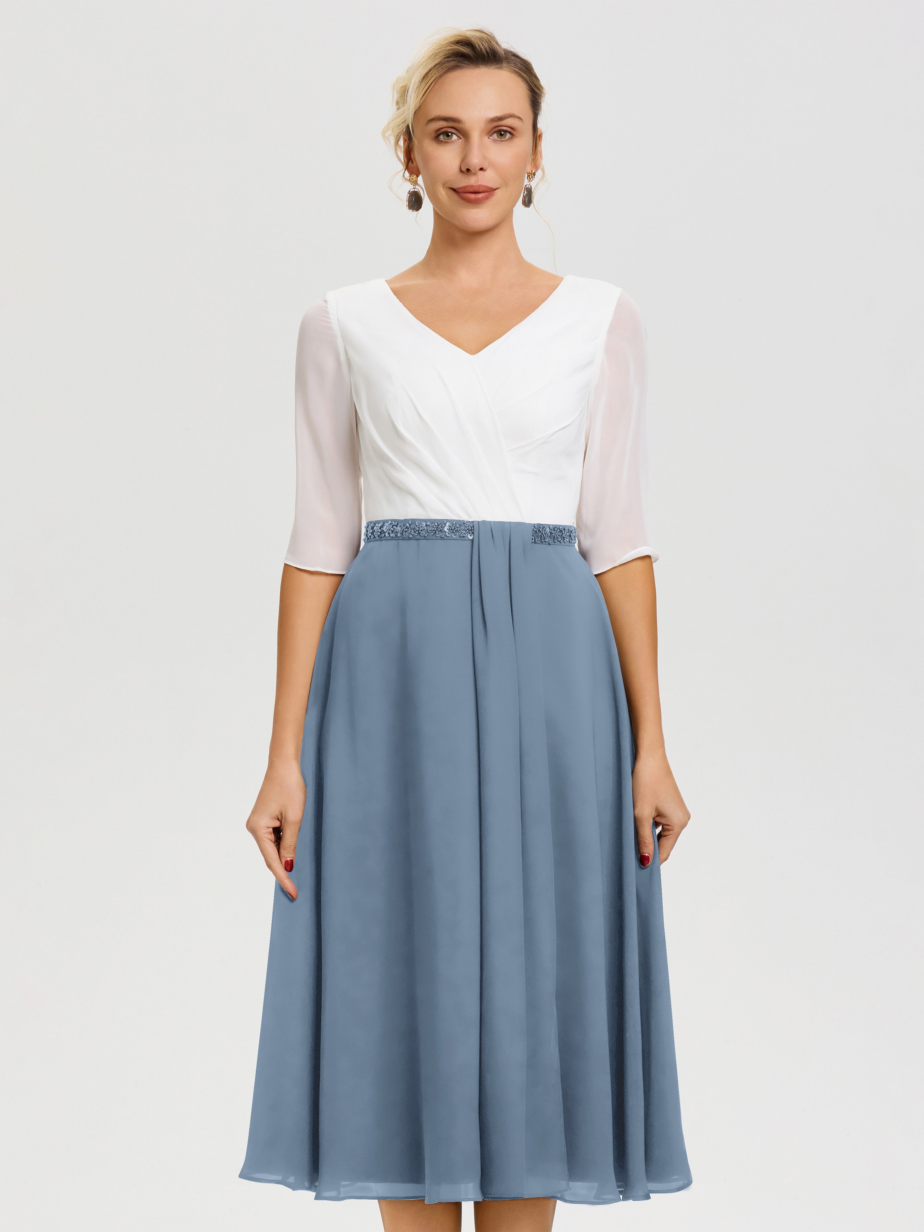 Robe Mère De La Mariée Chic Bleu De Schiste Col-V-Mousseline-Dentelle-Demi-Manches-Robe-De-La-Mere-Du-Marie
