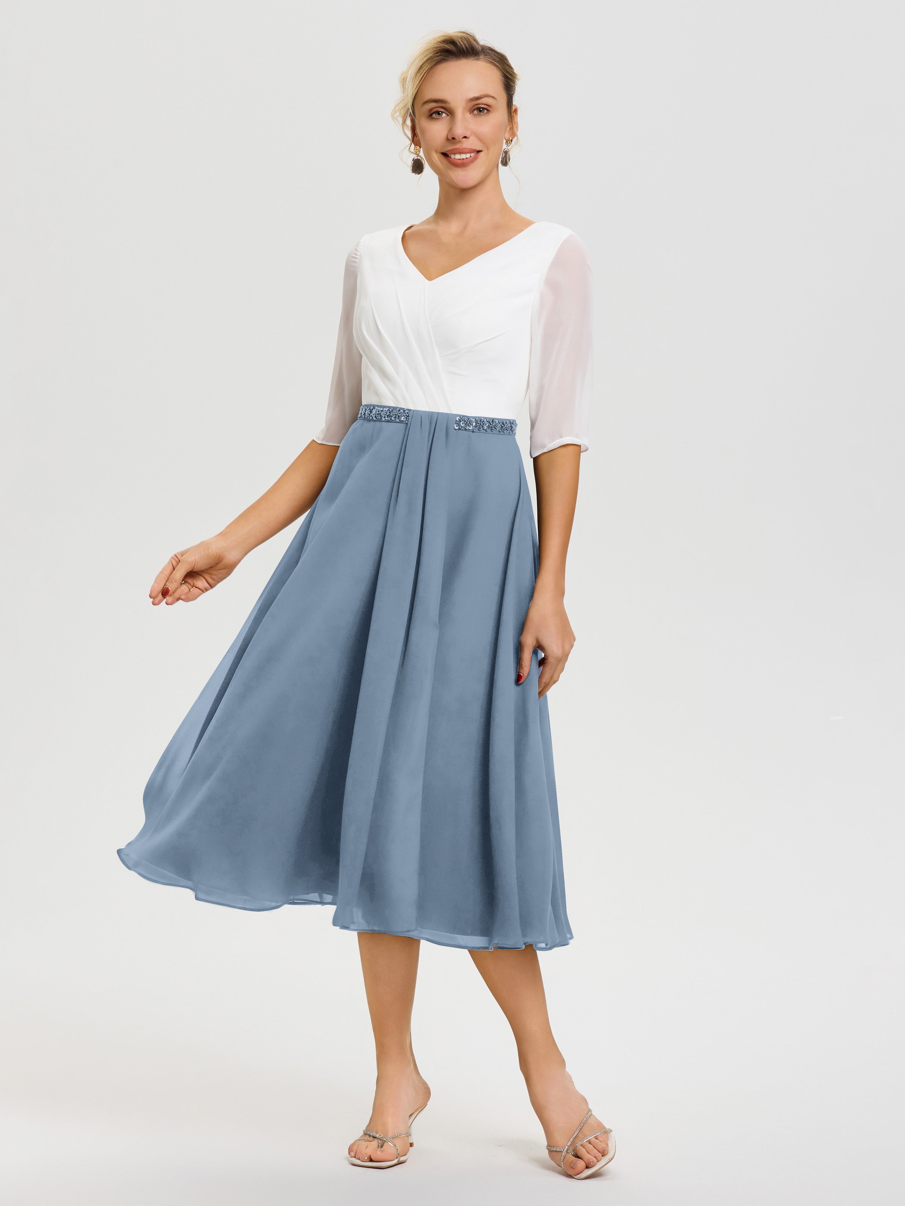 Robe Mère De La Mariée Chic Bleu De Schiste Col-V-Mousseline-Dentelle-Demi-Manches-Robe-De-La-Mere-Du-Marie