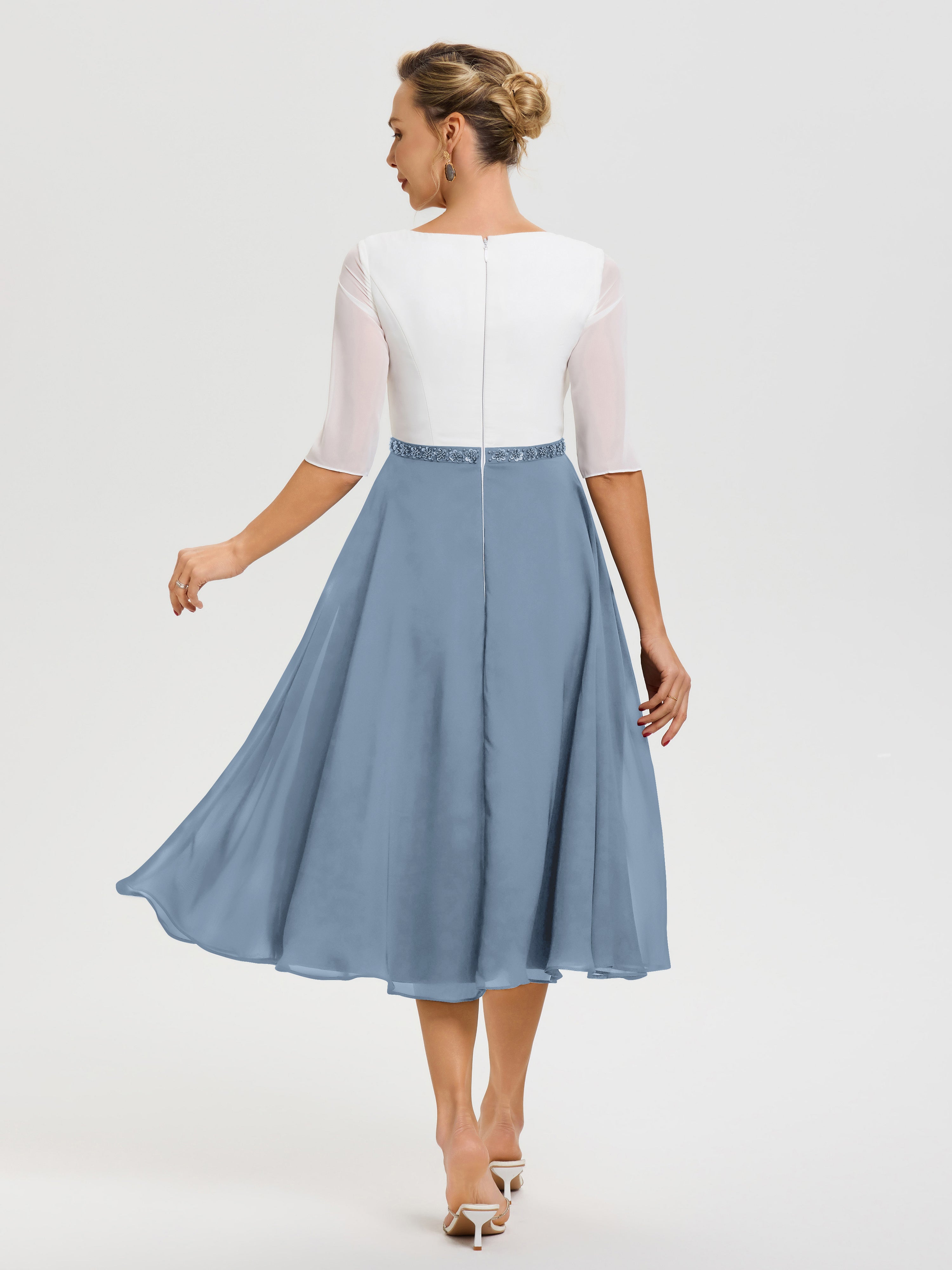 Robe Mère De La Mariée Chic Bleu De Schiste Col-V-Mousseline-Dentelle-Demi-Manches-Robe-De-La-Mere-Du-Marie