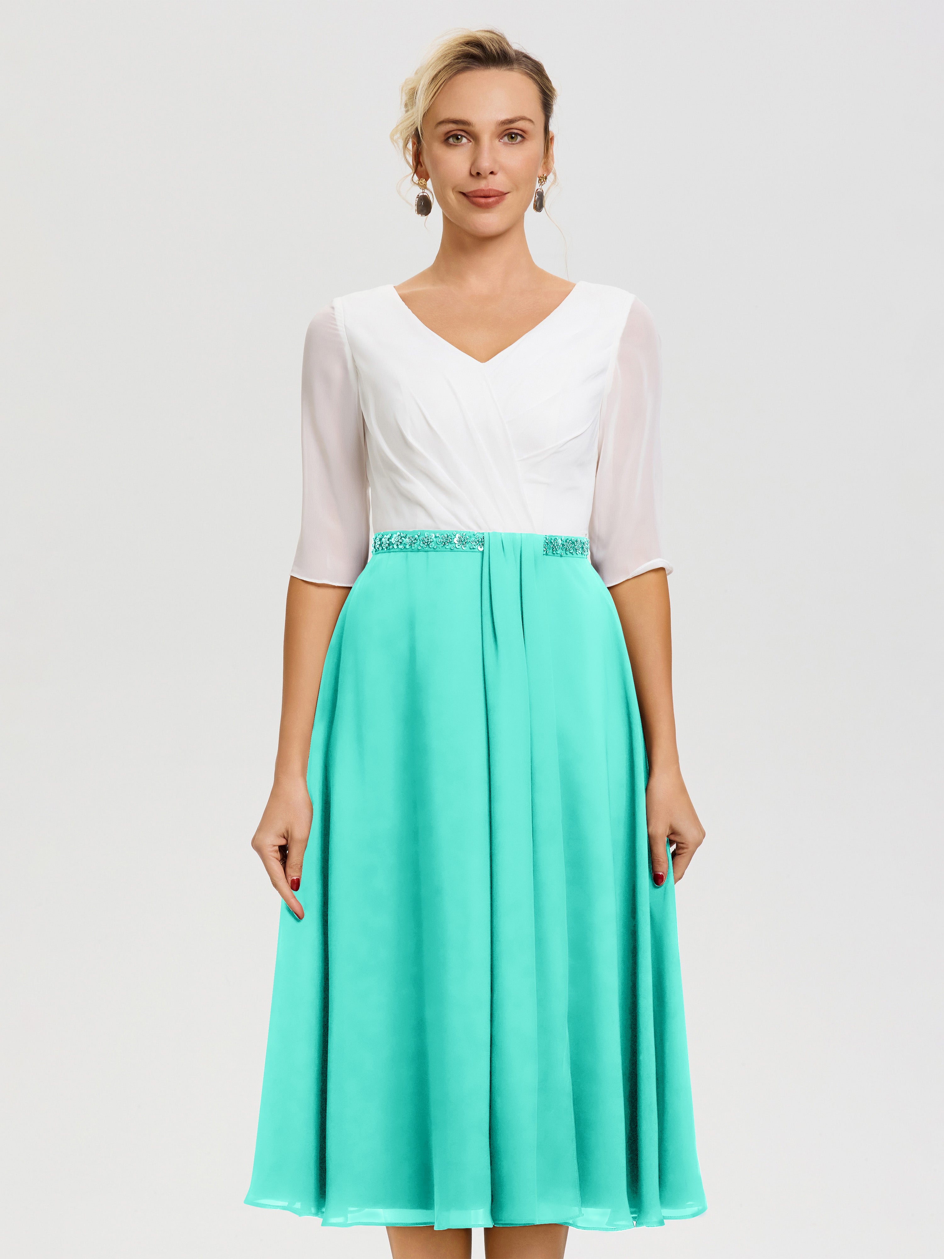 Robe Chic Mère De La Mariée Spa Col V Mousseline & Dentelle Demi Manches Robe De La Mère Du Marié