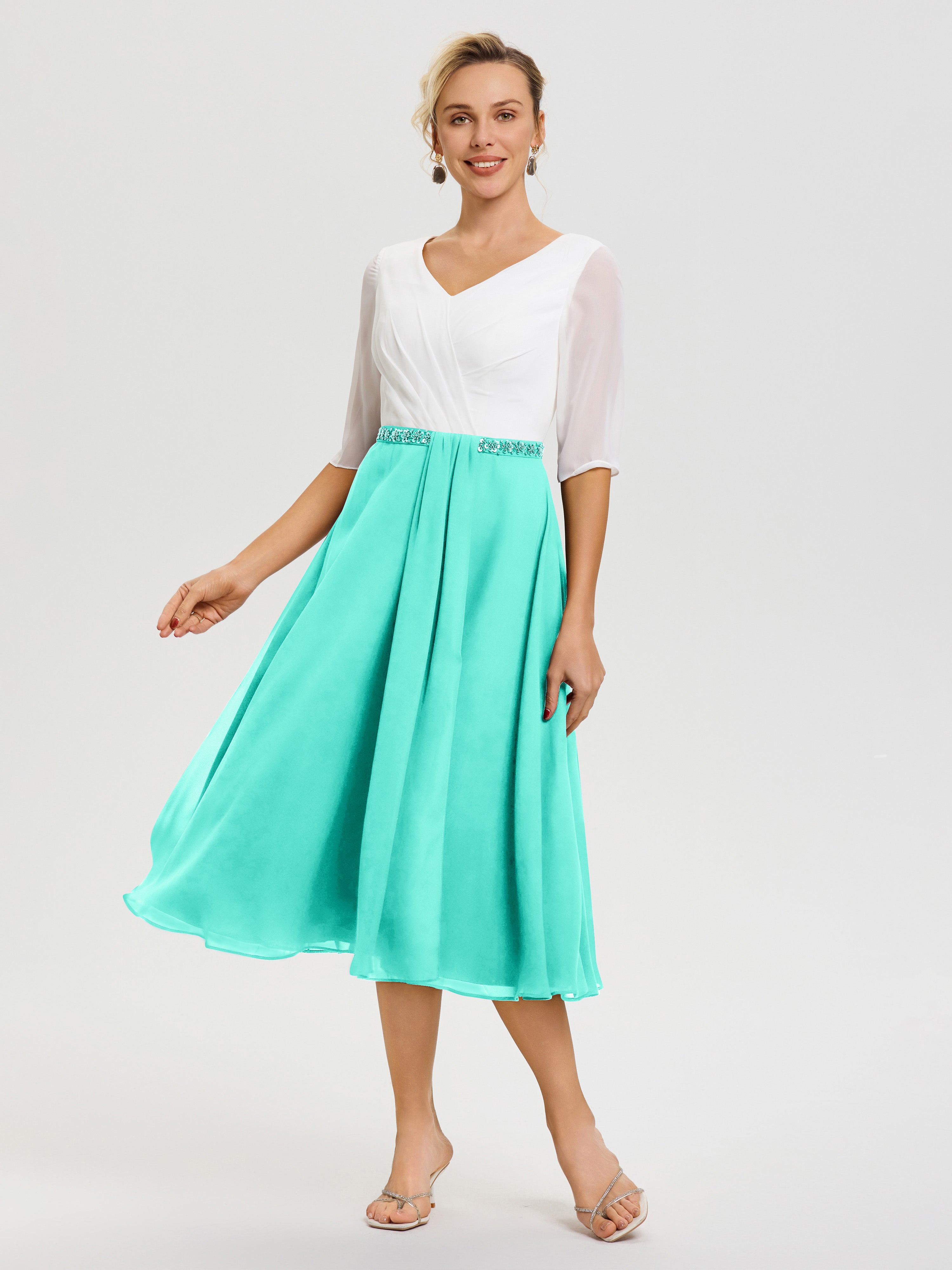 Robe Chic Mère De La Mariée Spa Col V Mousseline & Dentelle Demi Manches Robe De La Mère Du Marié