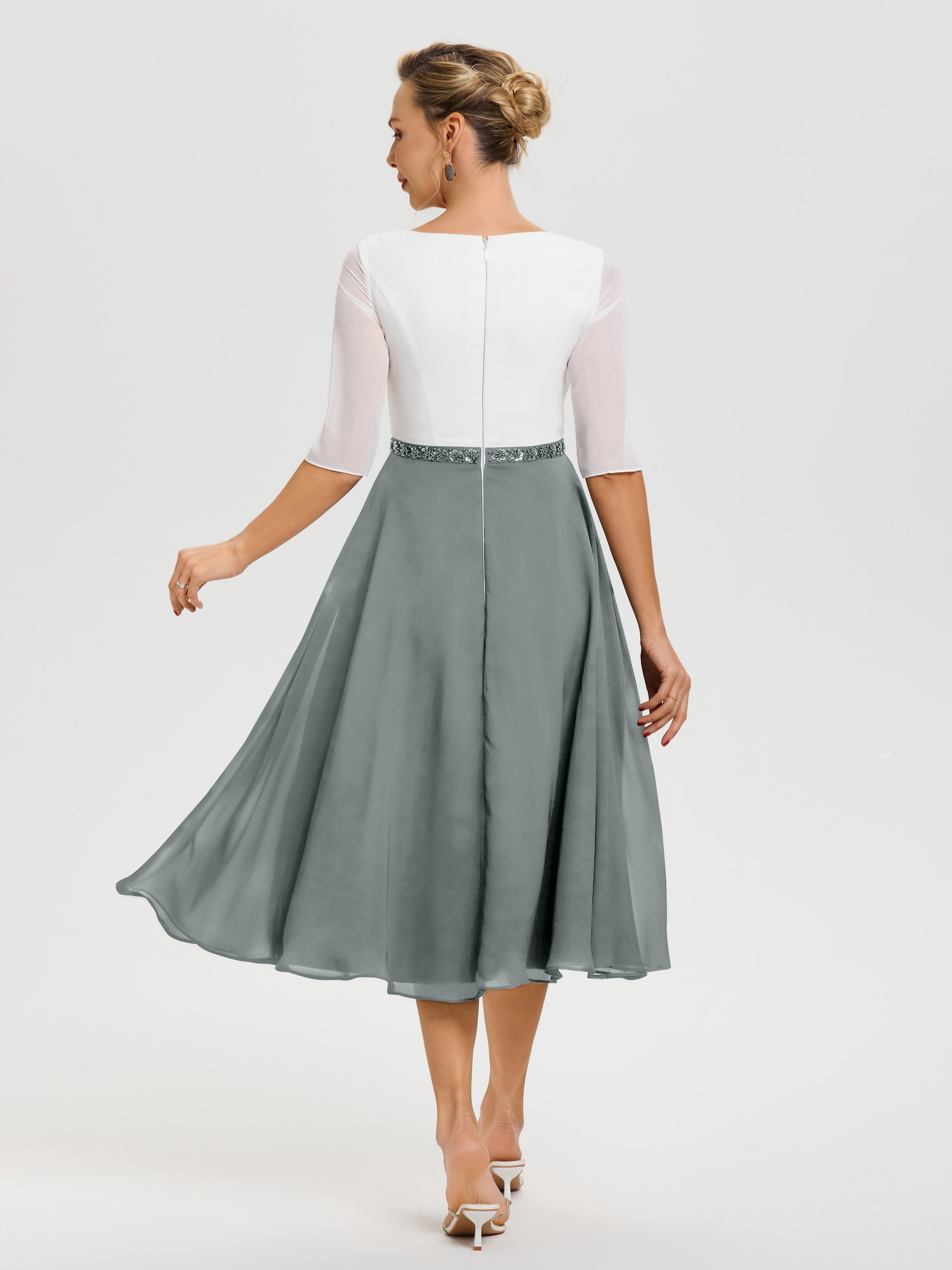 Robe Mère De La Mariée Chic Gris Acier Col V Mousseline & Dentelle Demi Manches Robe De La Mère Du Marié