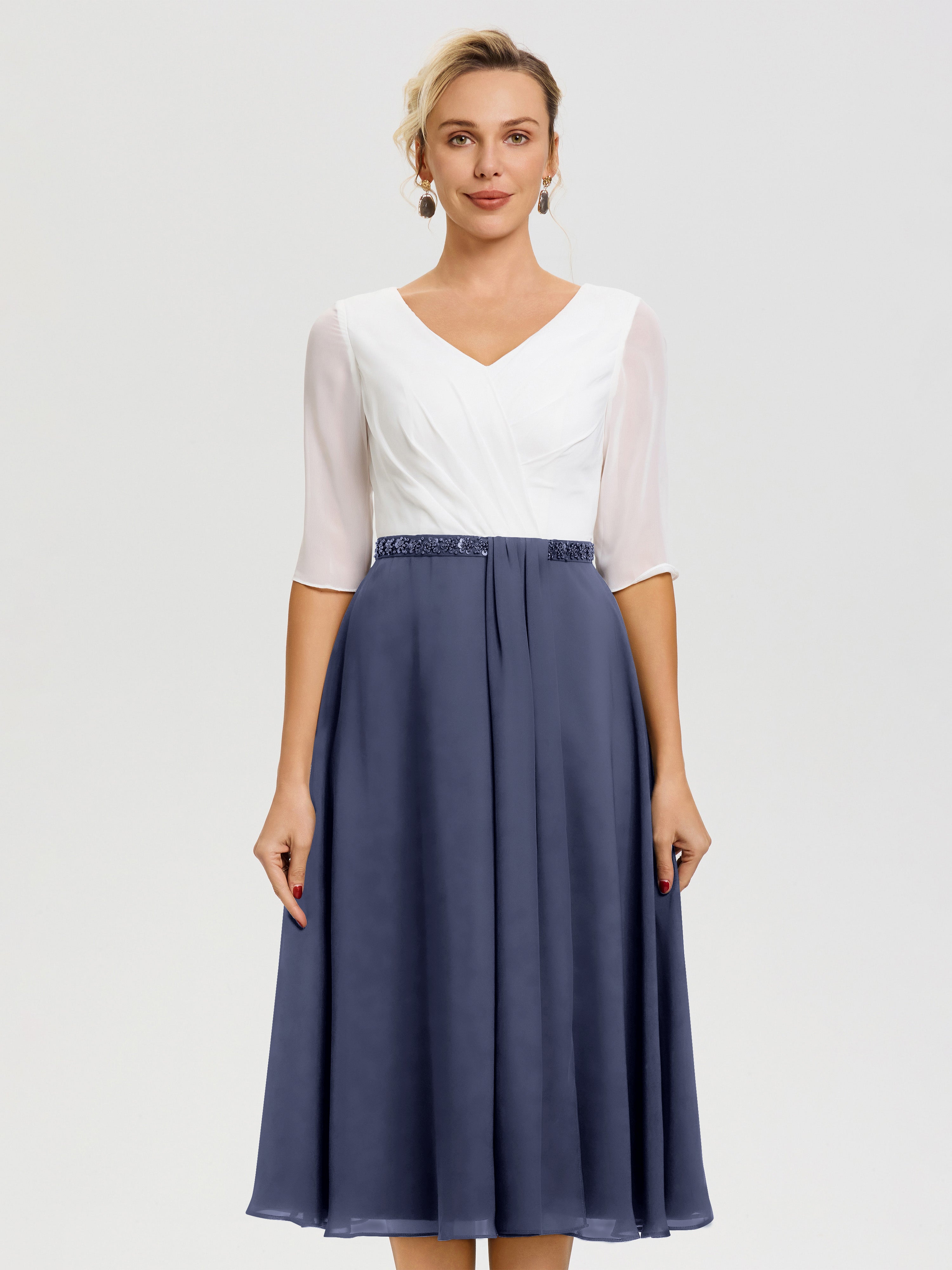 Robe Mère De La Mariée Chic Orageux Col V Mousseline & Dentelle Demi Manches Robe De La Mère Du Marié