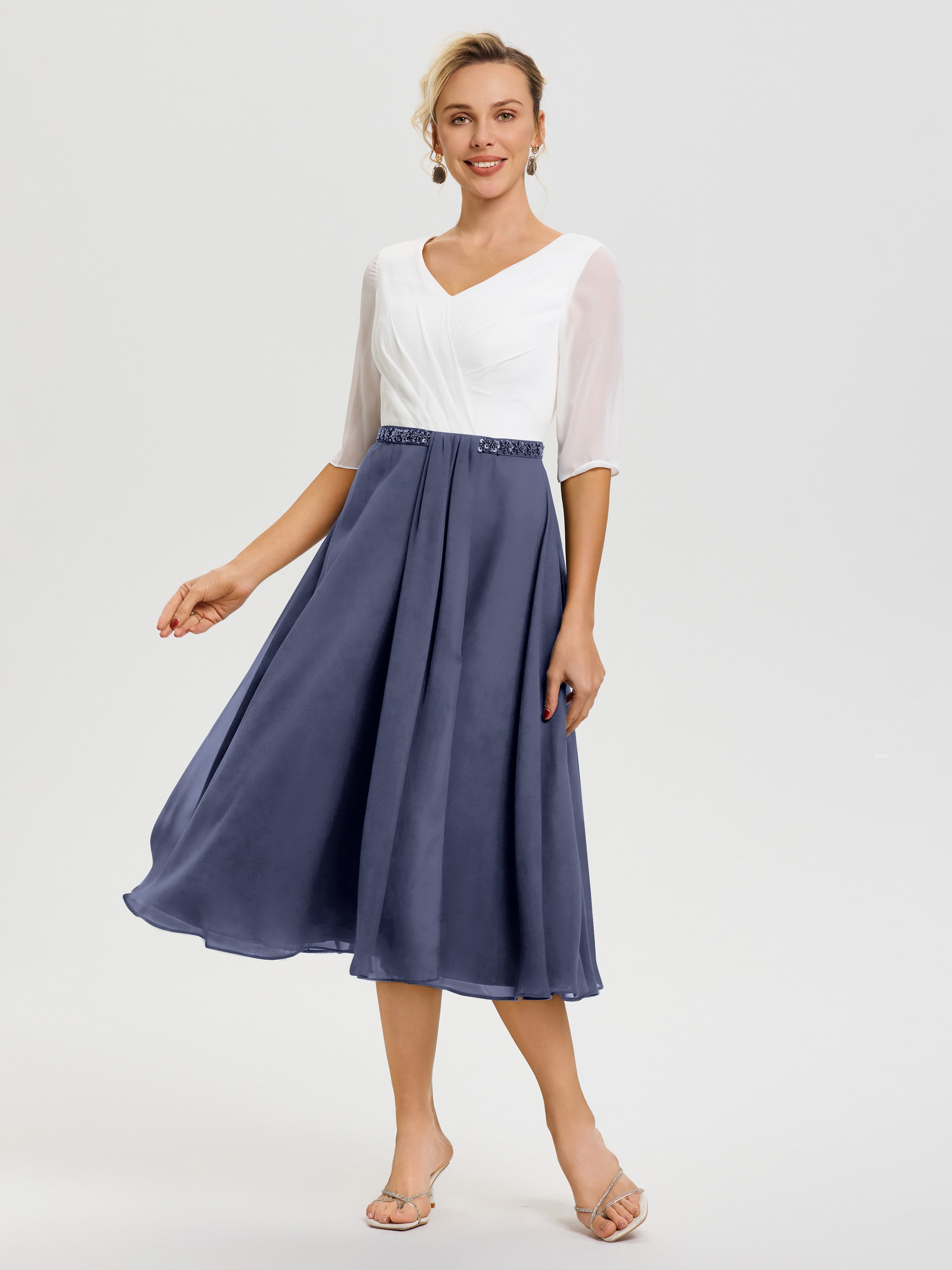 Robe Mère De La Mariée Chic Orageux Col V Mousseline & Dentelle Demi Manches Robe De La Mère Du Marié