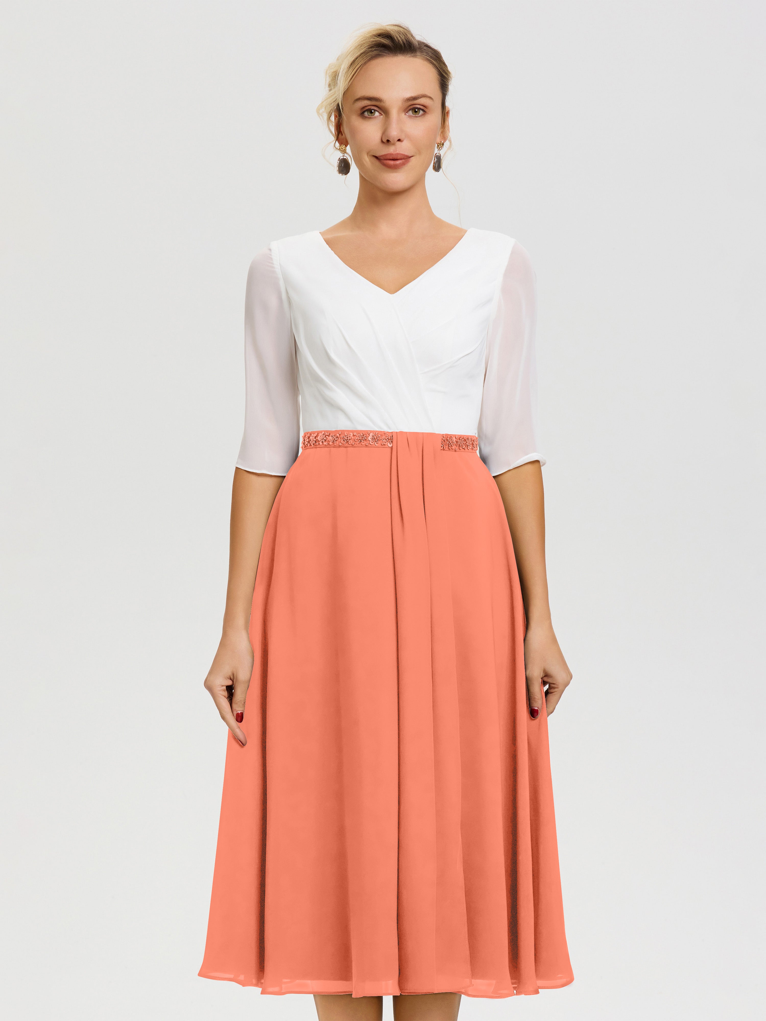 Robe Mère De La Mariée Chic Coucher De Soleil Col V Mousseline & Dentelle Demi Manches Robe De La Mère Du Marié