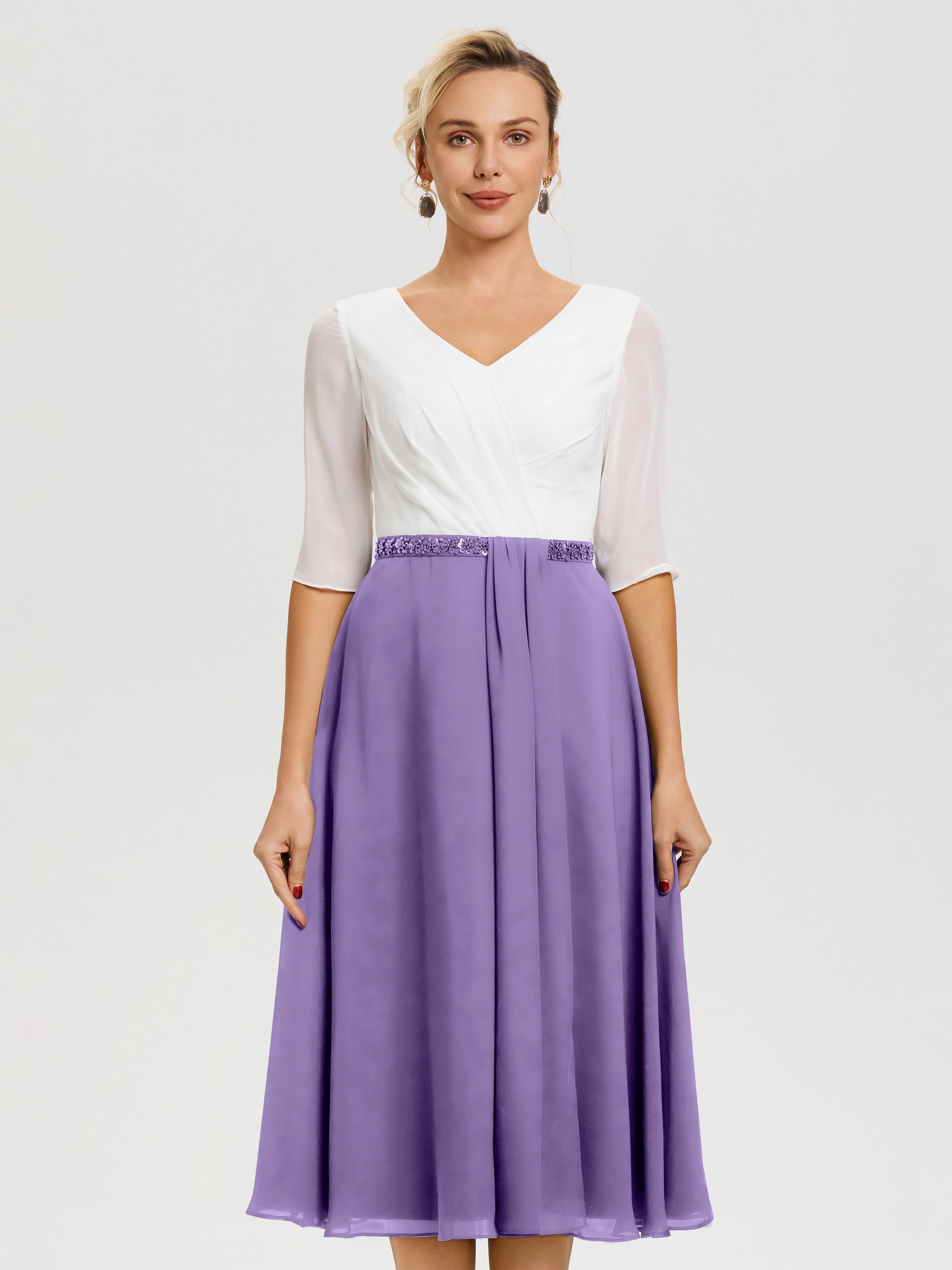 Robe De Mère De Mariée Moderne Tahiti Col V Mousseline & Dentelle Demi Manches Robe De La Mère Du Marié