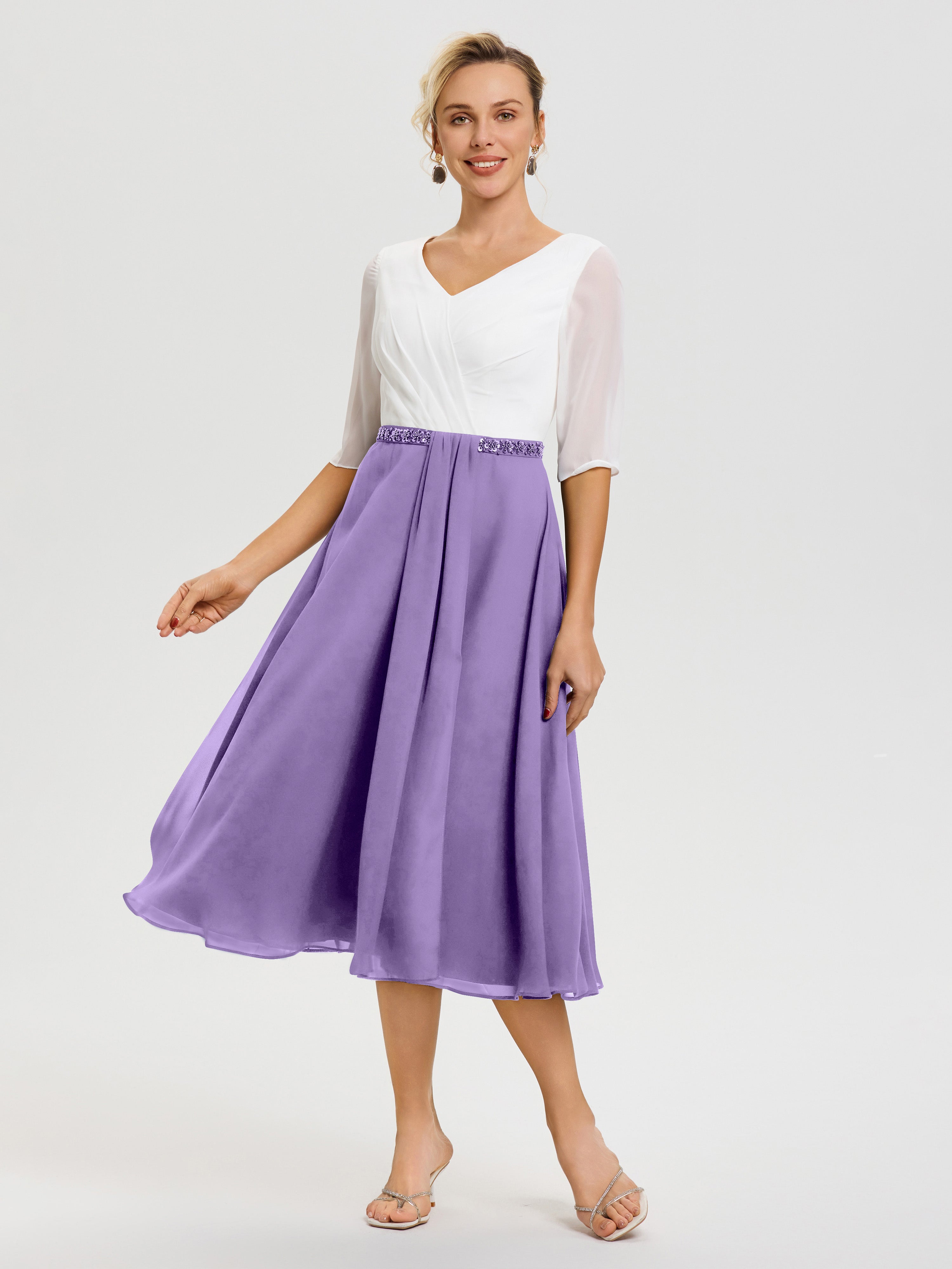 Robe De Mère De Mariée Moderne Tahiti Col V Mousseline & Dentelle Demi Manches Robe De La Mère Du Marié