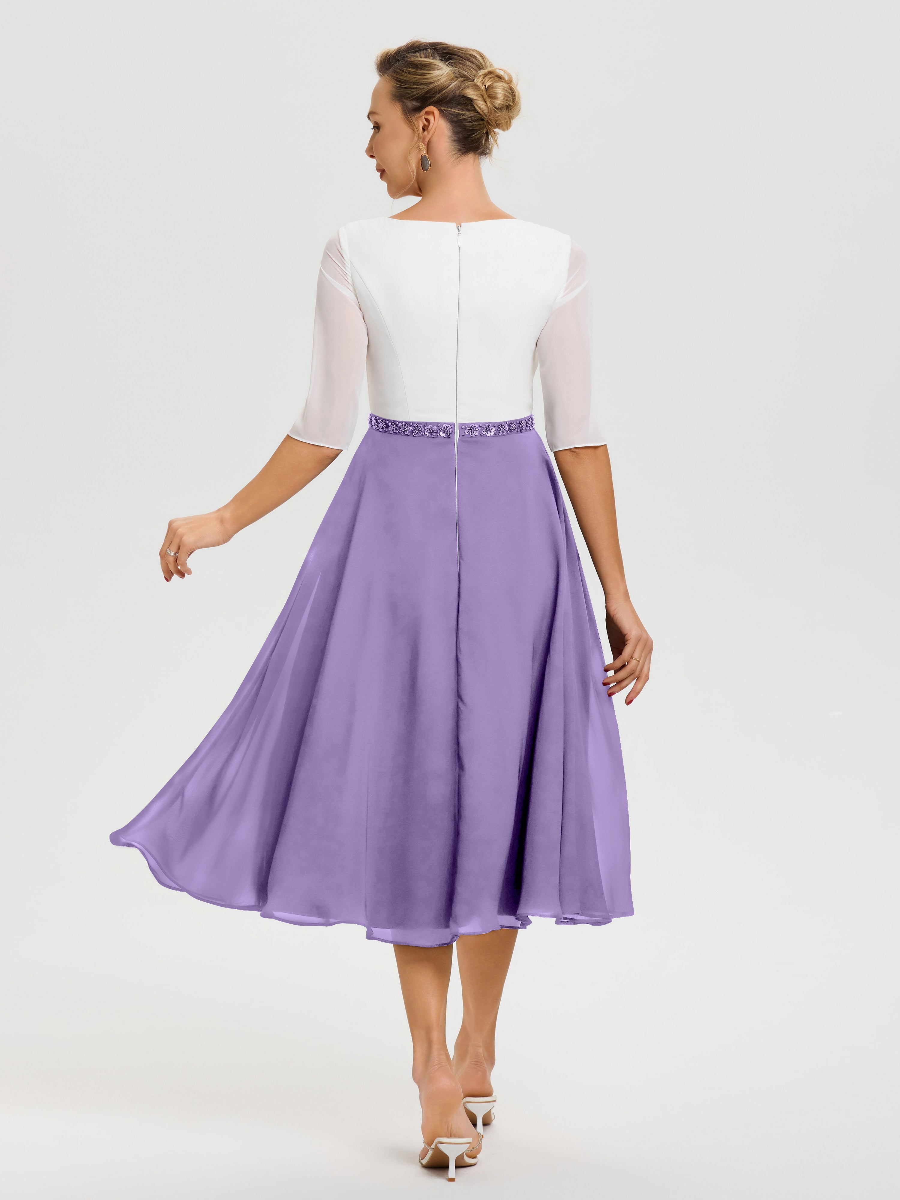 Robe De Mère De Mariée Moderne Tahiti Col V Mousseline & Dentelle Demi Manches Robe De La Mère Du Marié