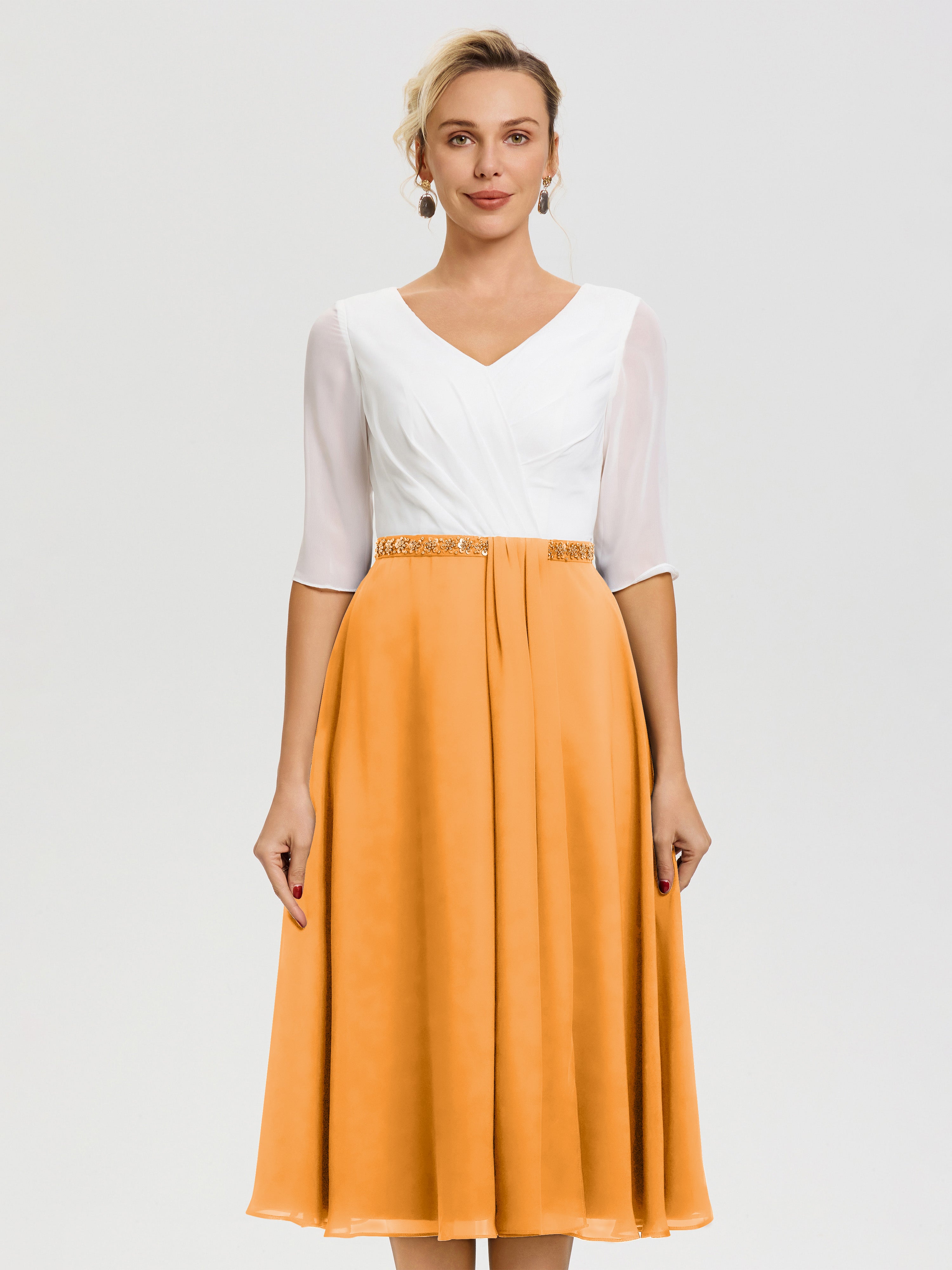 Robe Mère De La Mariée Chic Mandarine Col V Mousseline & Dentelle Demi Manches Robe De La Mère Du Marié