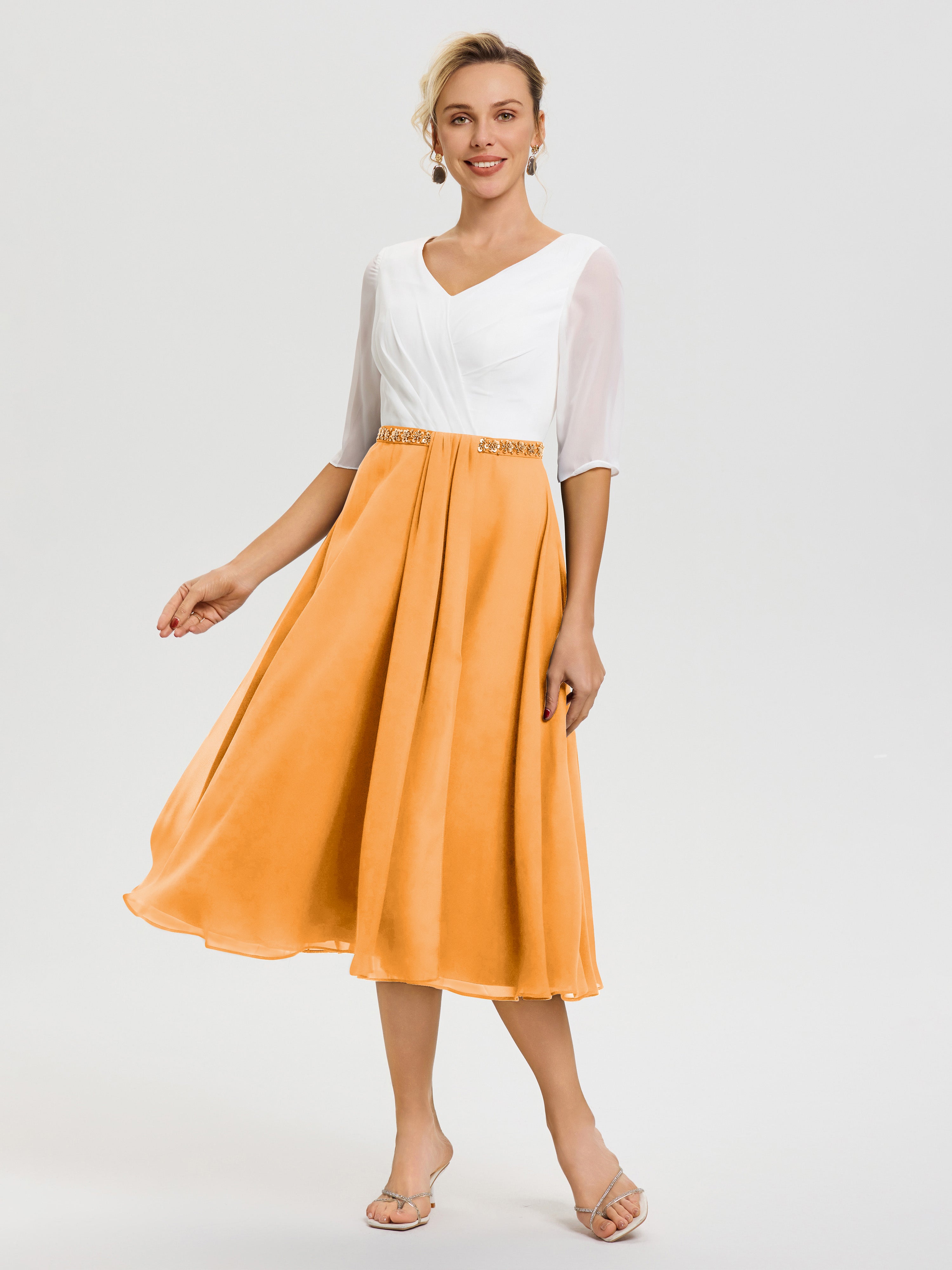 Robe Mère De La Mariée Chic Mandarine Col V Mousseline & Dentelle Demi Manches Robe De La Mère Du Marié
