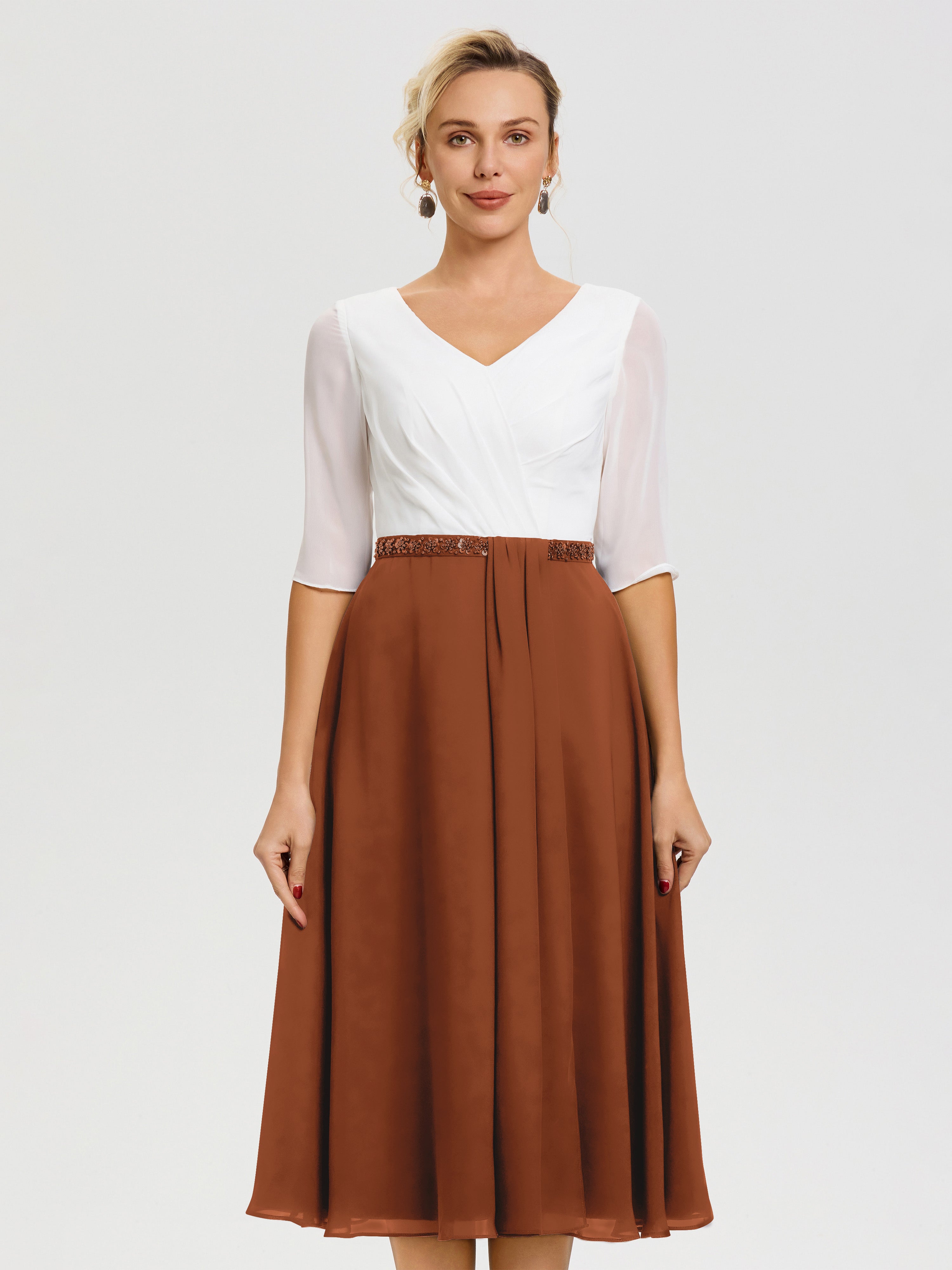 Robe Mere De La Mariee Terracotta Col V Mousseline & Dentelle Demi Manches Robe De La Mère Du Marié