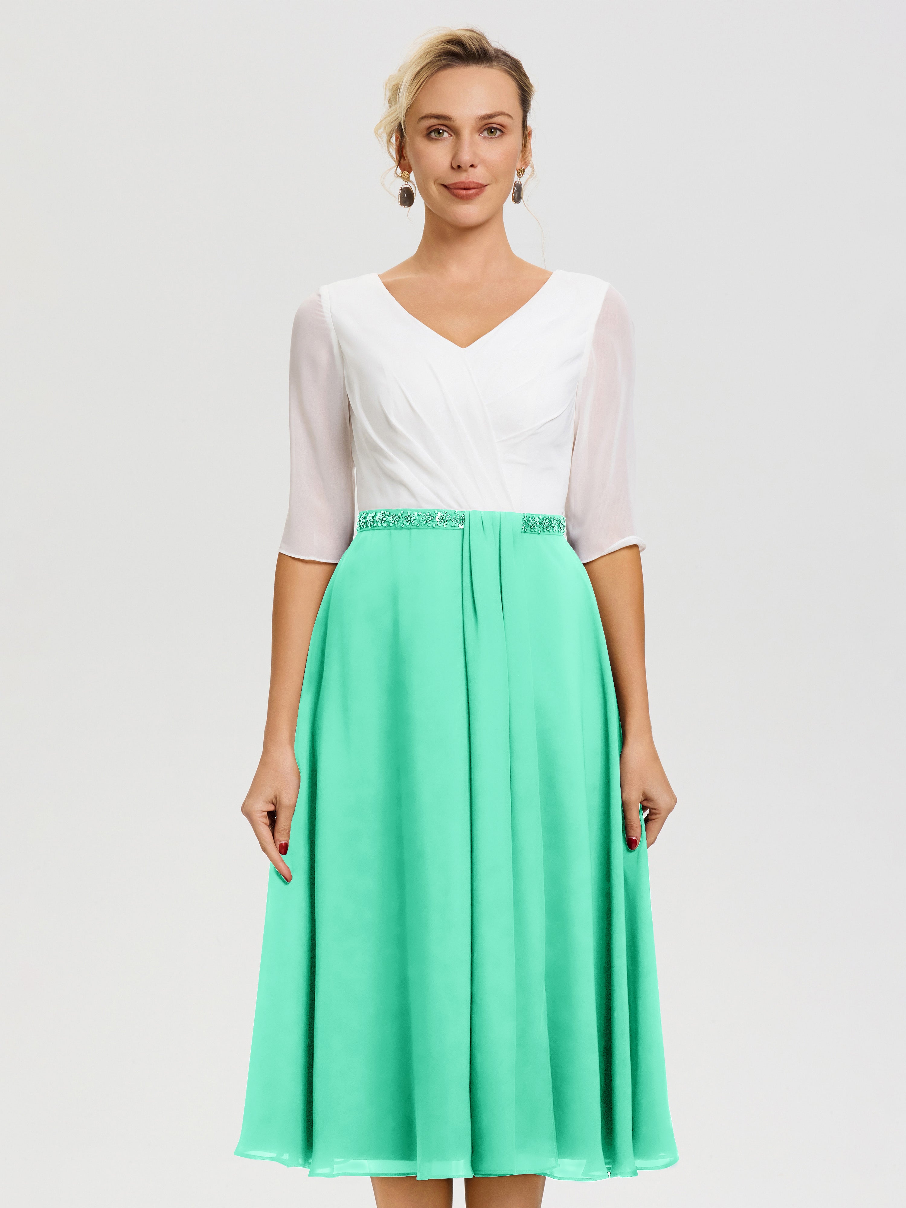 Robe De Mère De Mariée Moderne Turquoise Col V Mousseline & Dentelle Demi Manches Robe De La Mère Du Marié