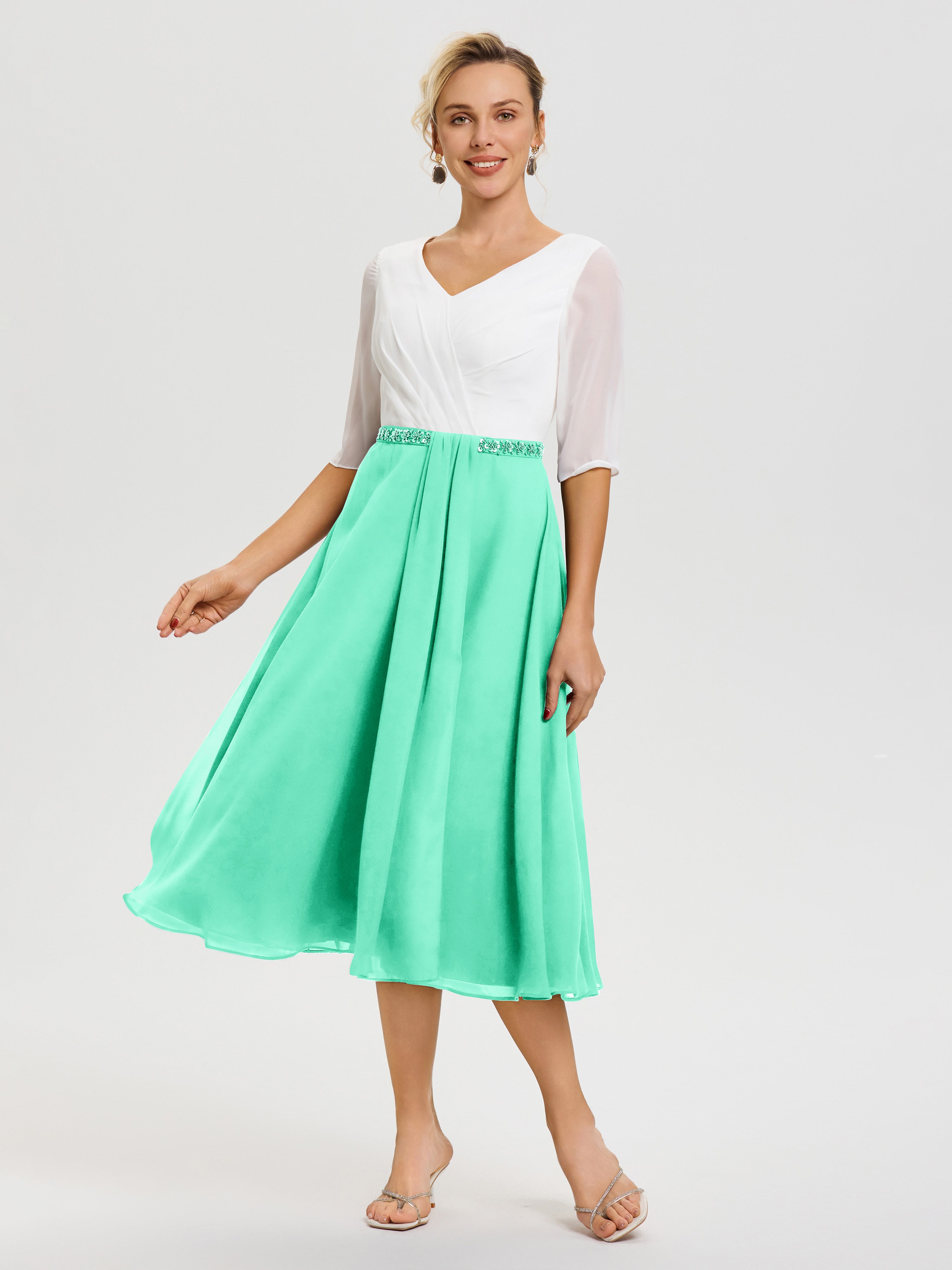 Robe De Mère De Mariée Moderne Turquoise Col V Mousseline & Dentelle Demi Manches Robe De La Mère Du Marié
