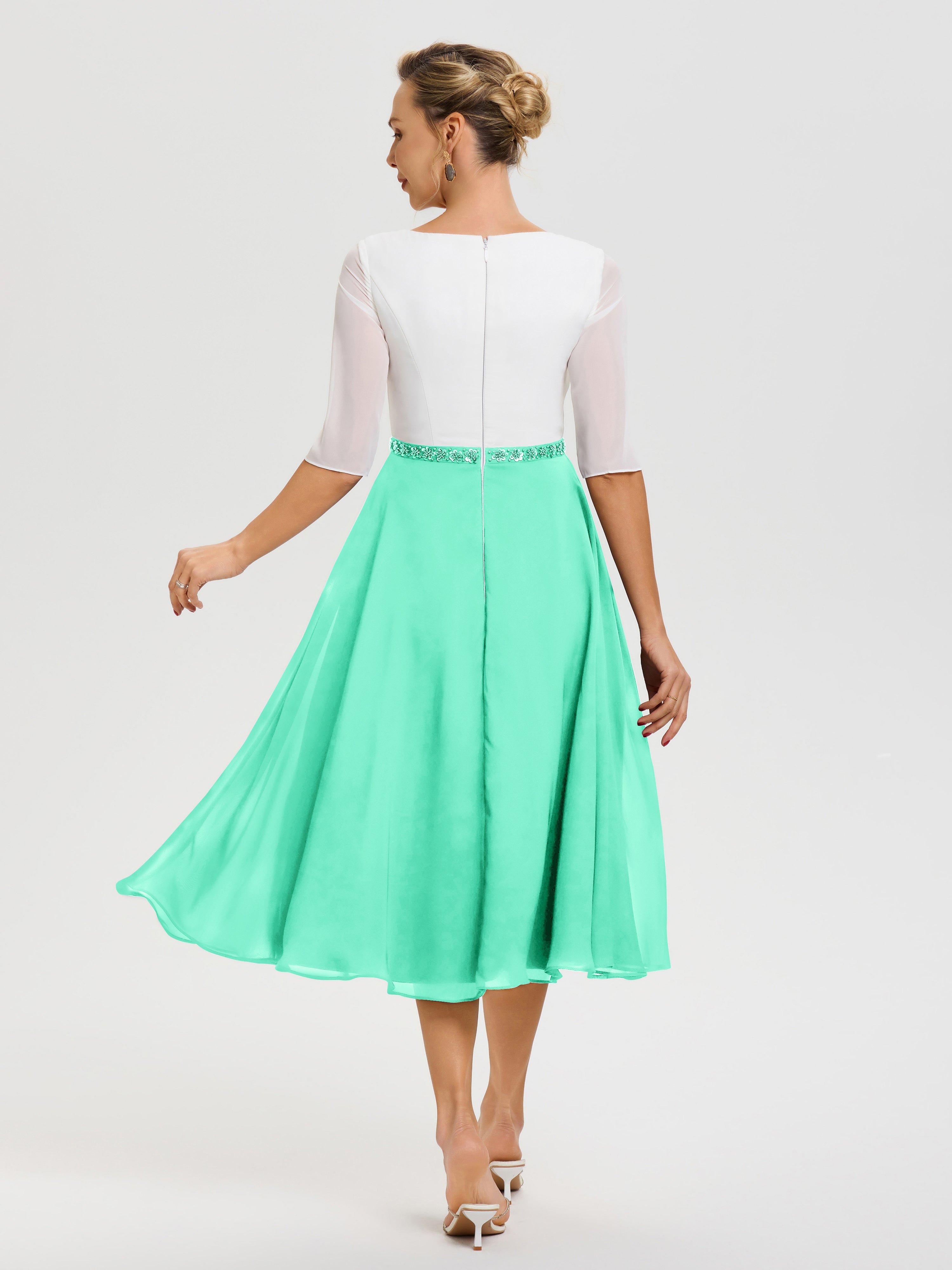 Robe De Mère De Mariée Moderne Turquoise Col V Mousseline & Dentelle Demi Manches Robe De La Mère Du Marié