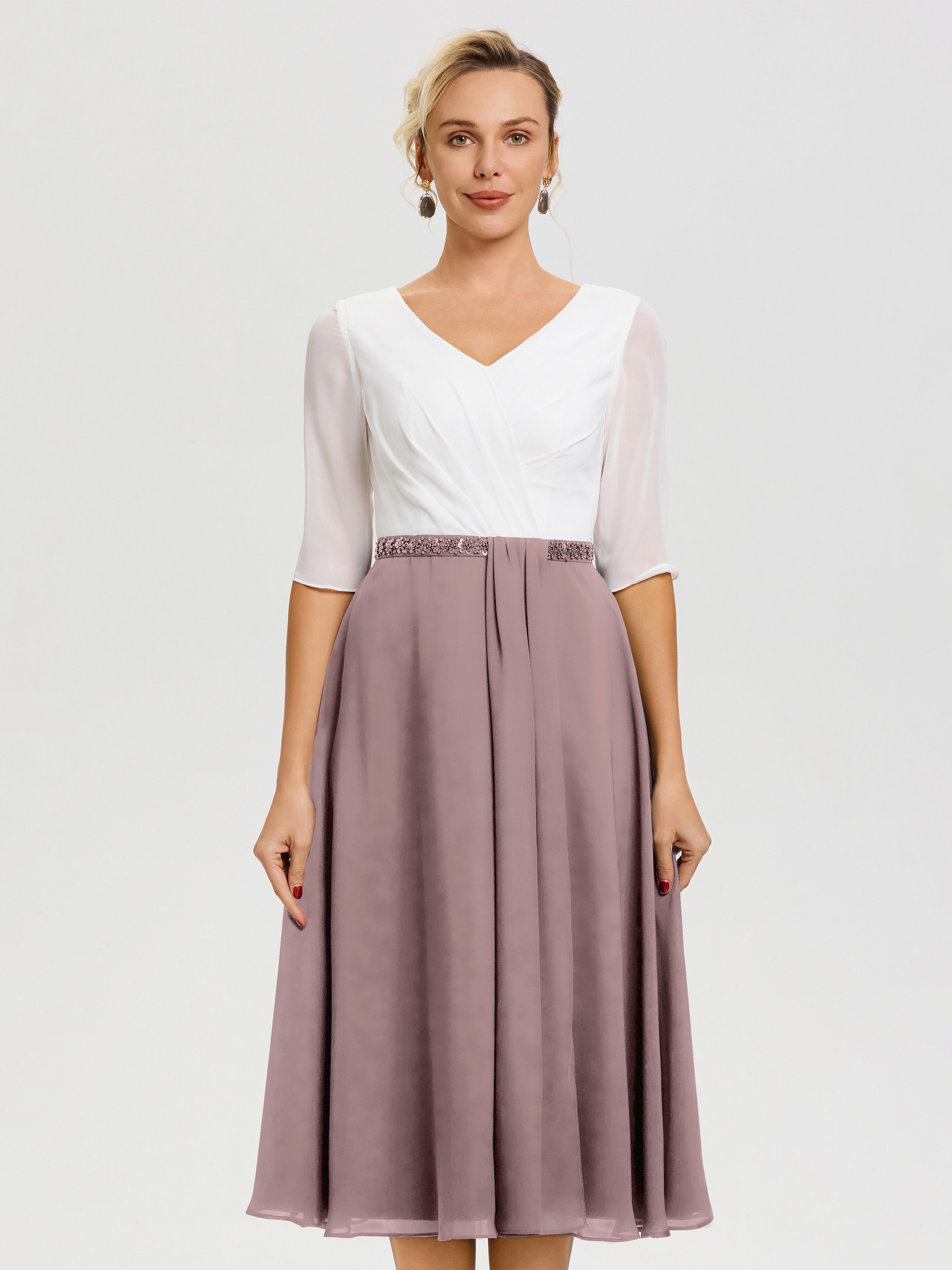 Robe De Mère De Mariée Moderne Vintage Mauve Col V Mousseline & Dentelle Demi Manches Robe De La Mère Du Marié