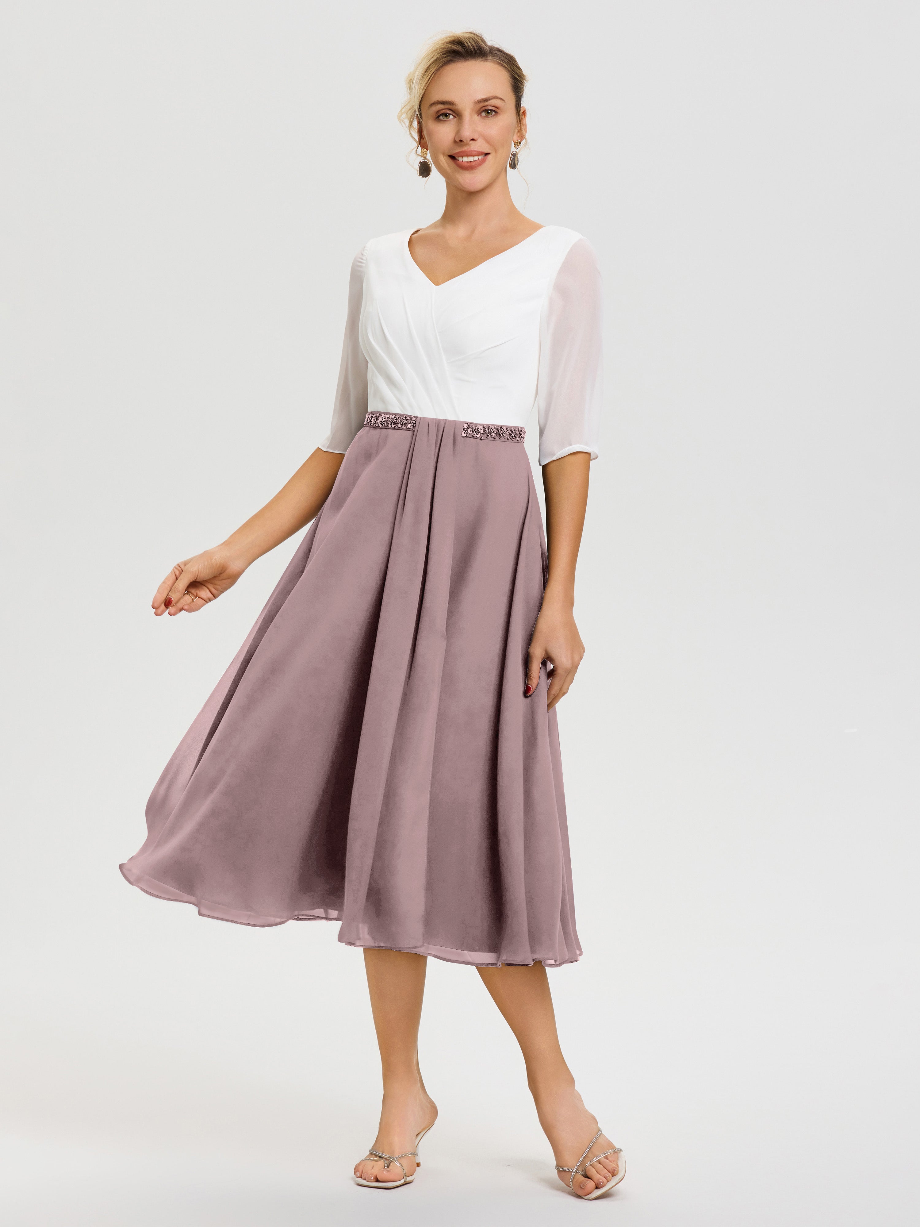 Robe De Mère De Mariée Moderne Vintage Mauve Col V Mousseline & Dentelle Demi Manches Robe De La Mère Du Marié
