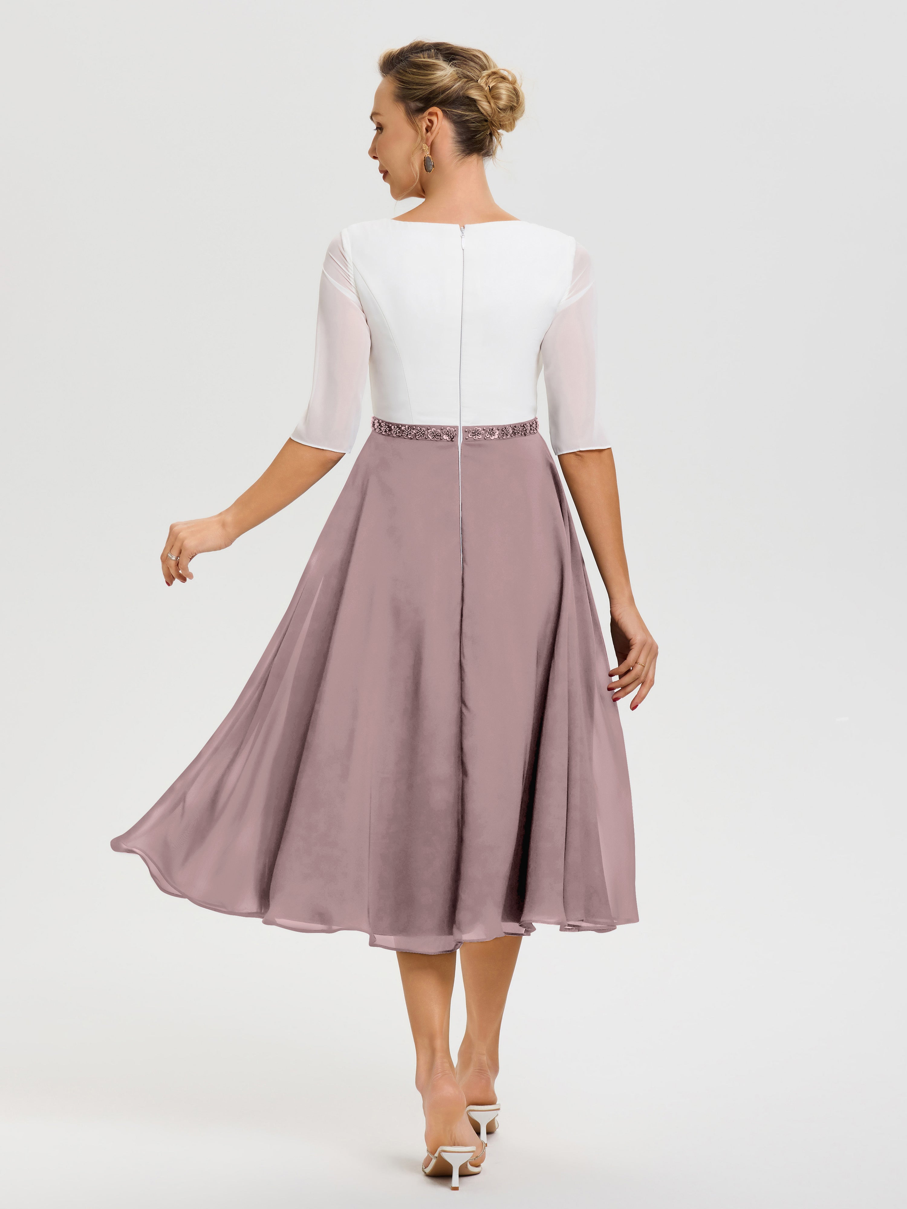 Robe De Mère De Mariée Moderne Vintage Mauve Col V Mousseline & Dentelle Demi Manches Robe De La Mère Du Marié