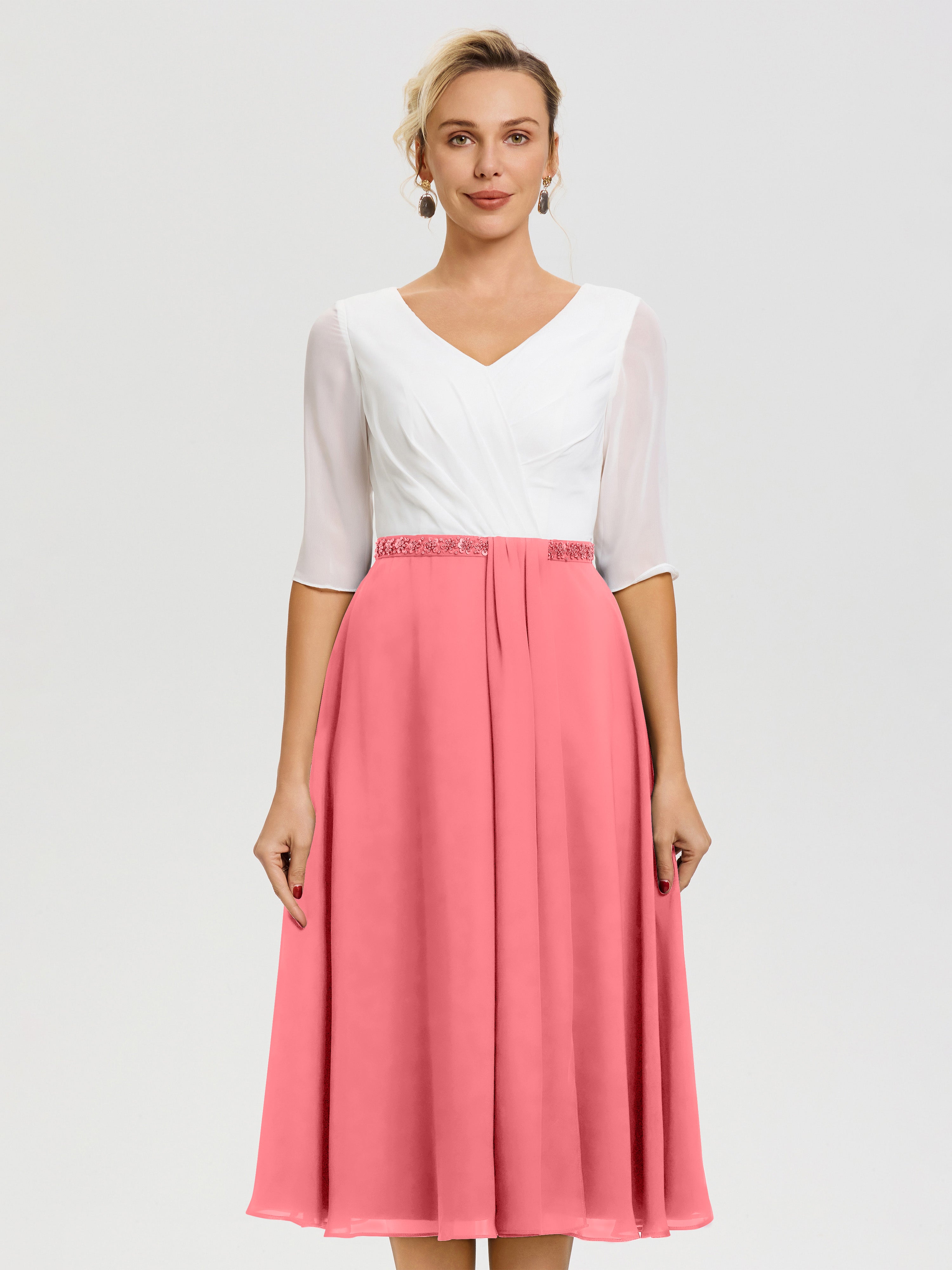 Robe Mariage Mère Du Marié Pastèque Col V Mousseline & Dentelle Demi Manches Robe De La Mère Du Marié