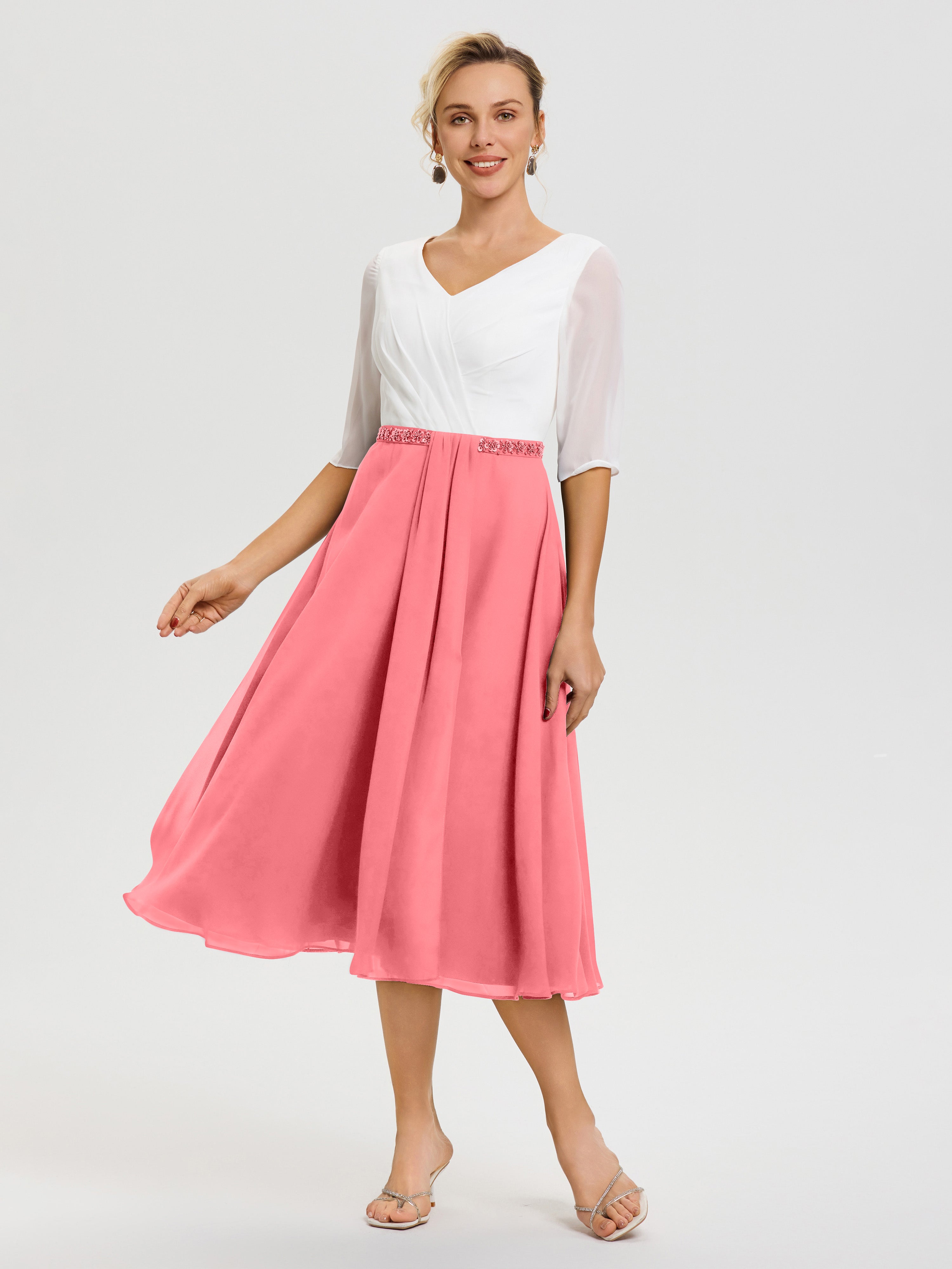 Robe Mariage Mère Du Marié Pastèque Col V Mousseline & Dentelle Demi Manches Robe De La Mère Du Marié