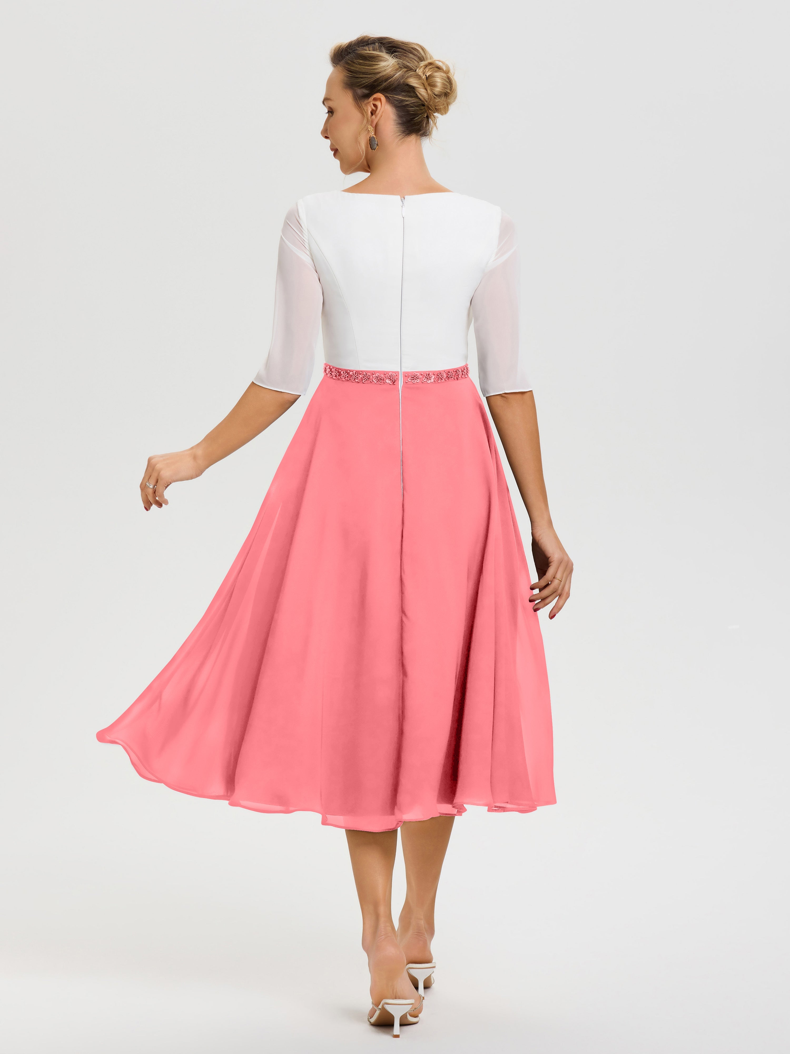 Robe Mariage Mère Du Marié Pastèque Col V Mousseline & Dentelle Demi Manches Robe De La Mère Du Marié