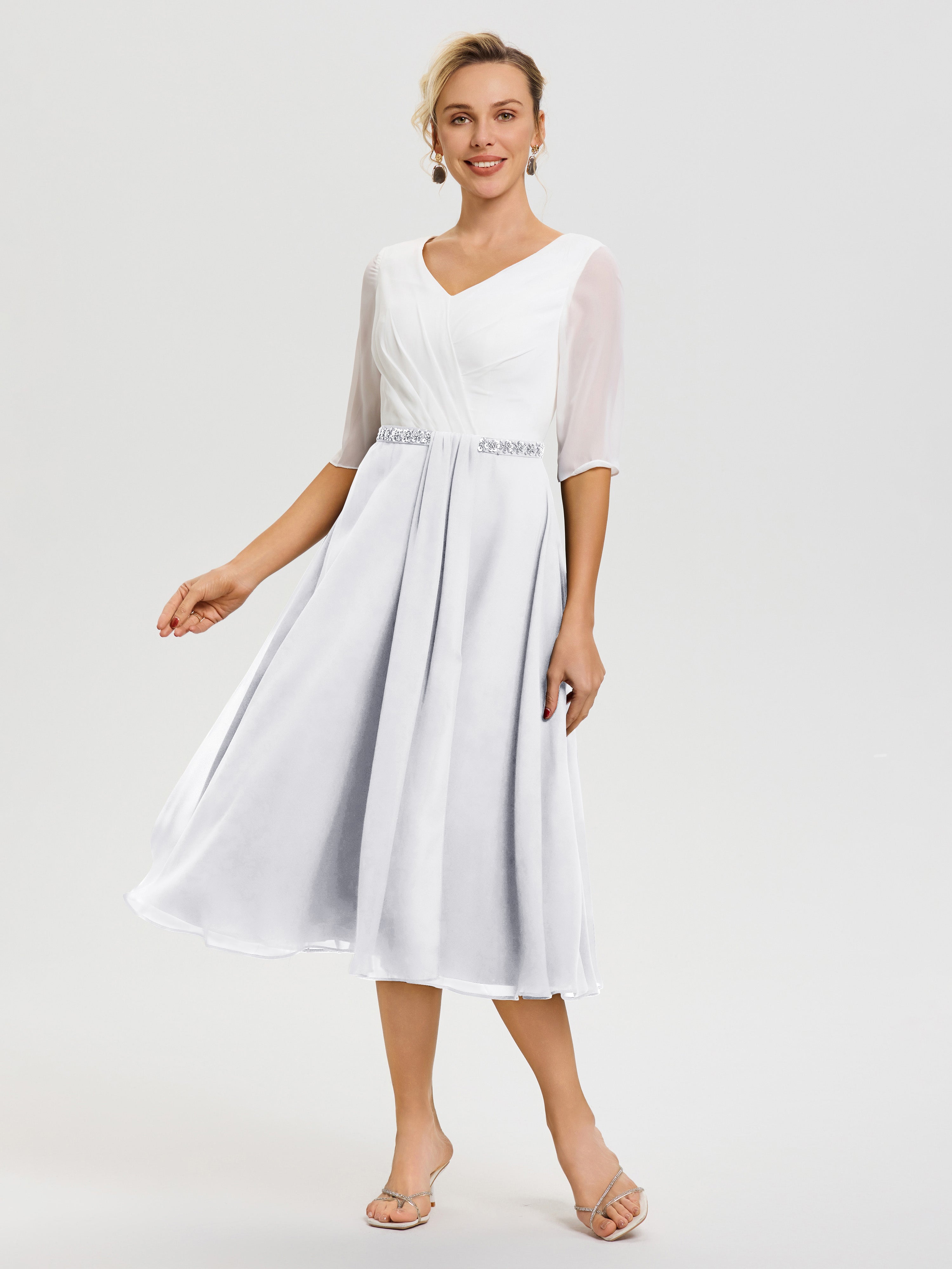 Robe De La Mère De La Mariée Blanc Col V Mousseline & Dentelle Demi Manches Robe De La Mère Du Marié