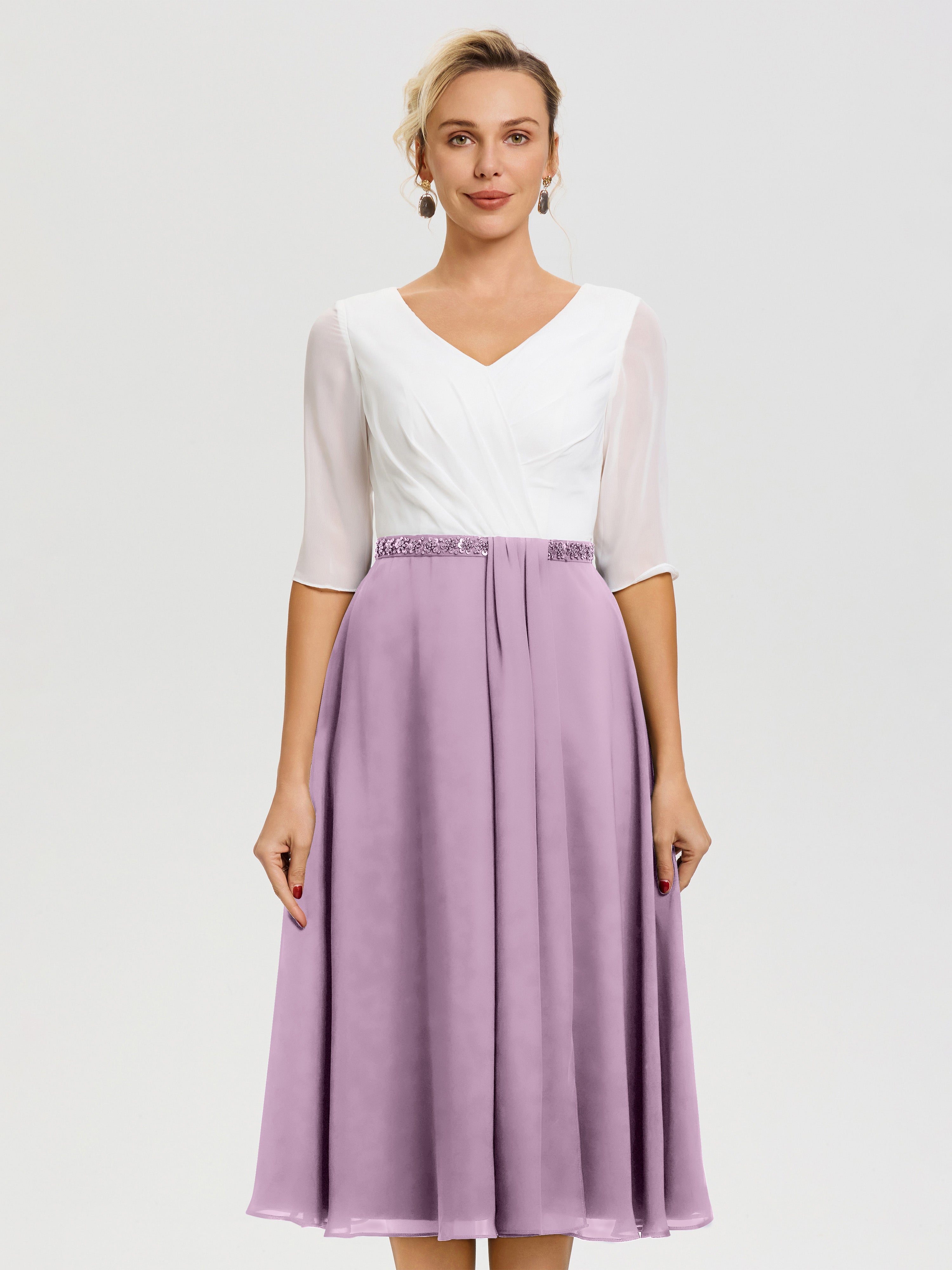 Robe De La Mère De La Mariée Glycine Col V Mousseline & Dentelle Demi Manches Robe De La Mère Du Marié