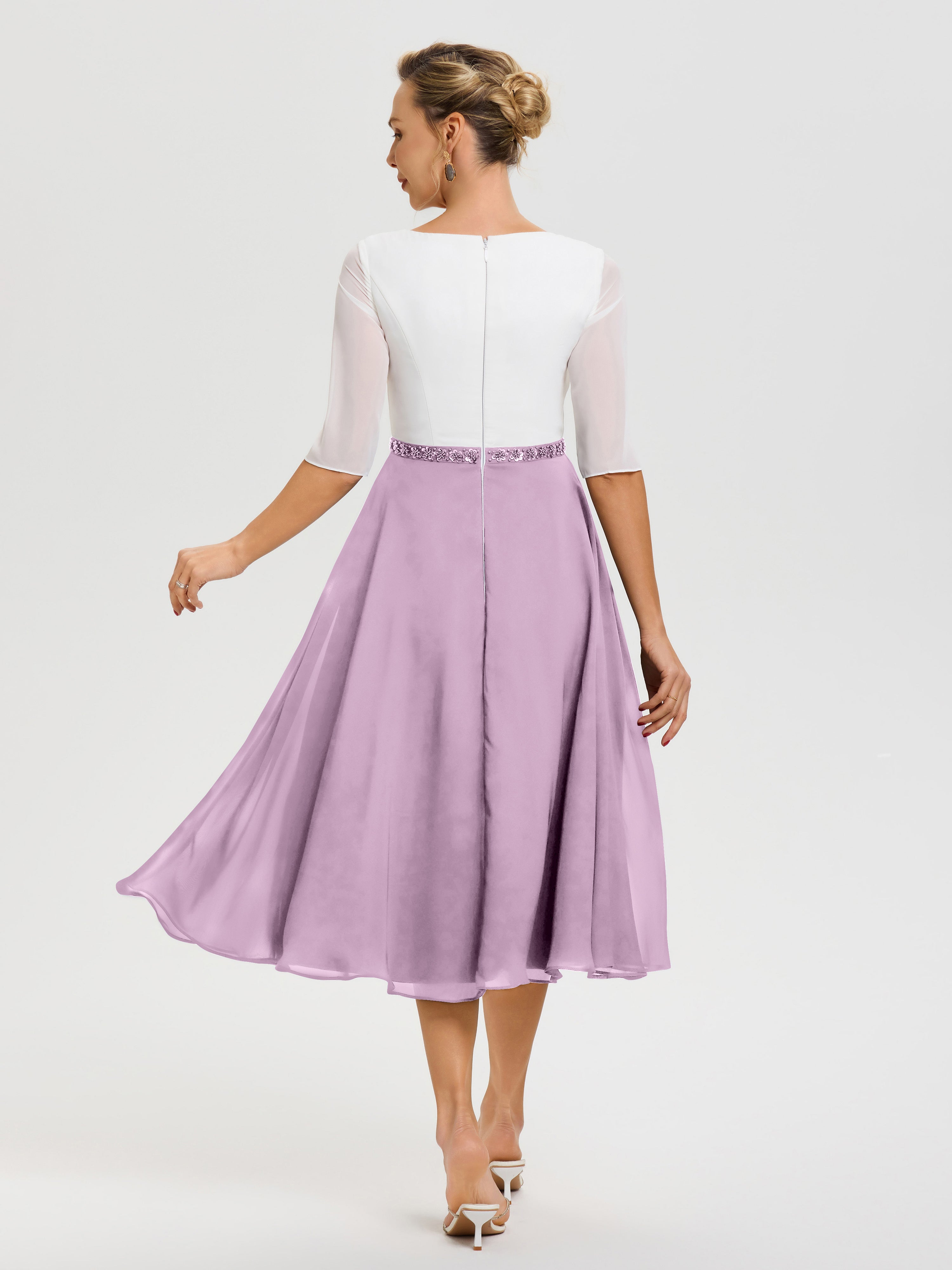 Robe De La Mère De La Mariée Glycine Col V Mousseline & Dentelle Demi Manches Robe De La Mère Du Marié