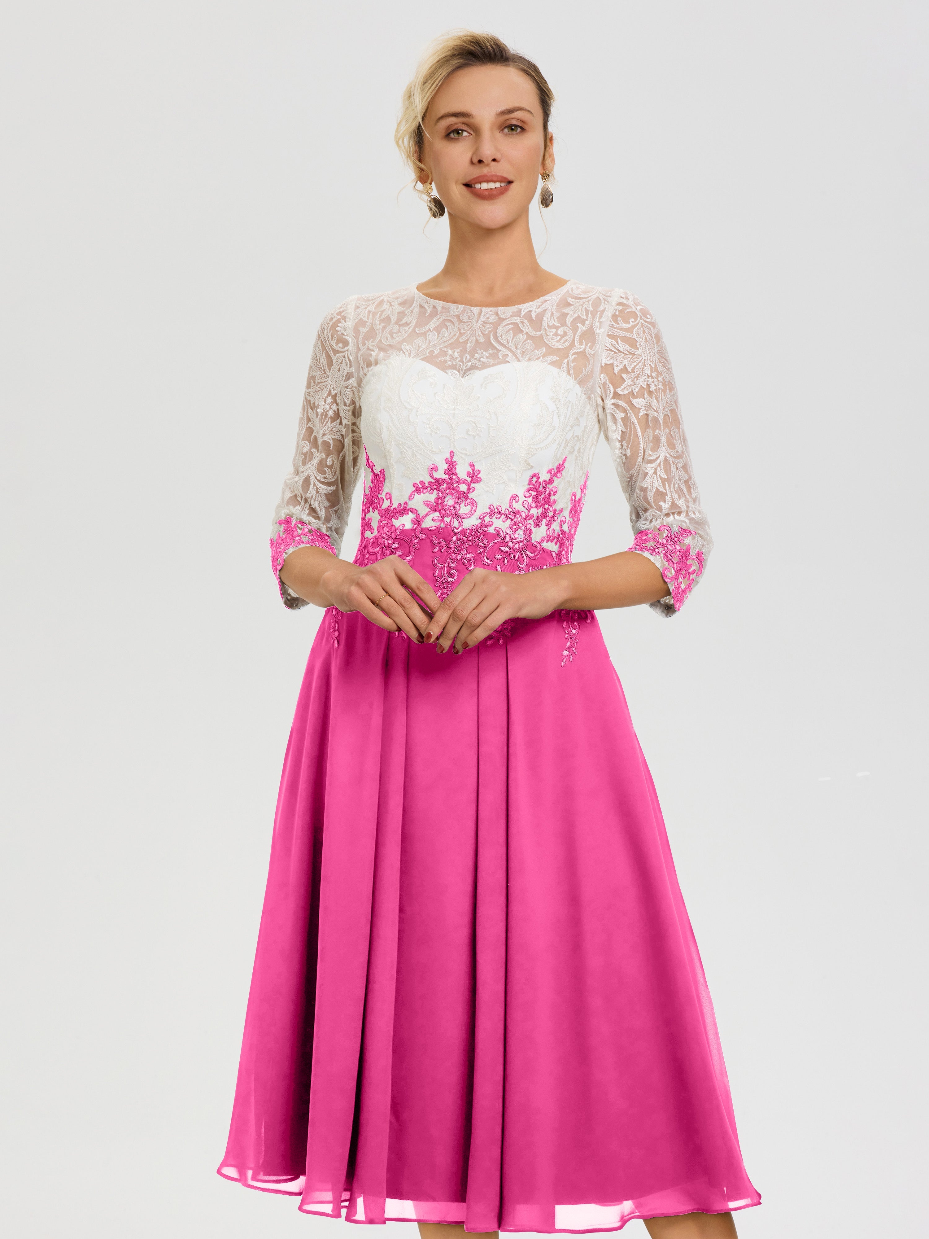 Robe De Mère De Mariée Moderne Azalee Col-Rond-Mousseline-Dentelle-3-4-Manches-Robe-Mere-Mariee