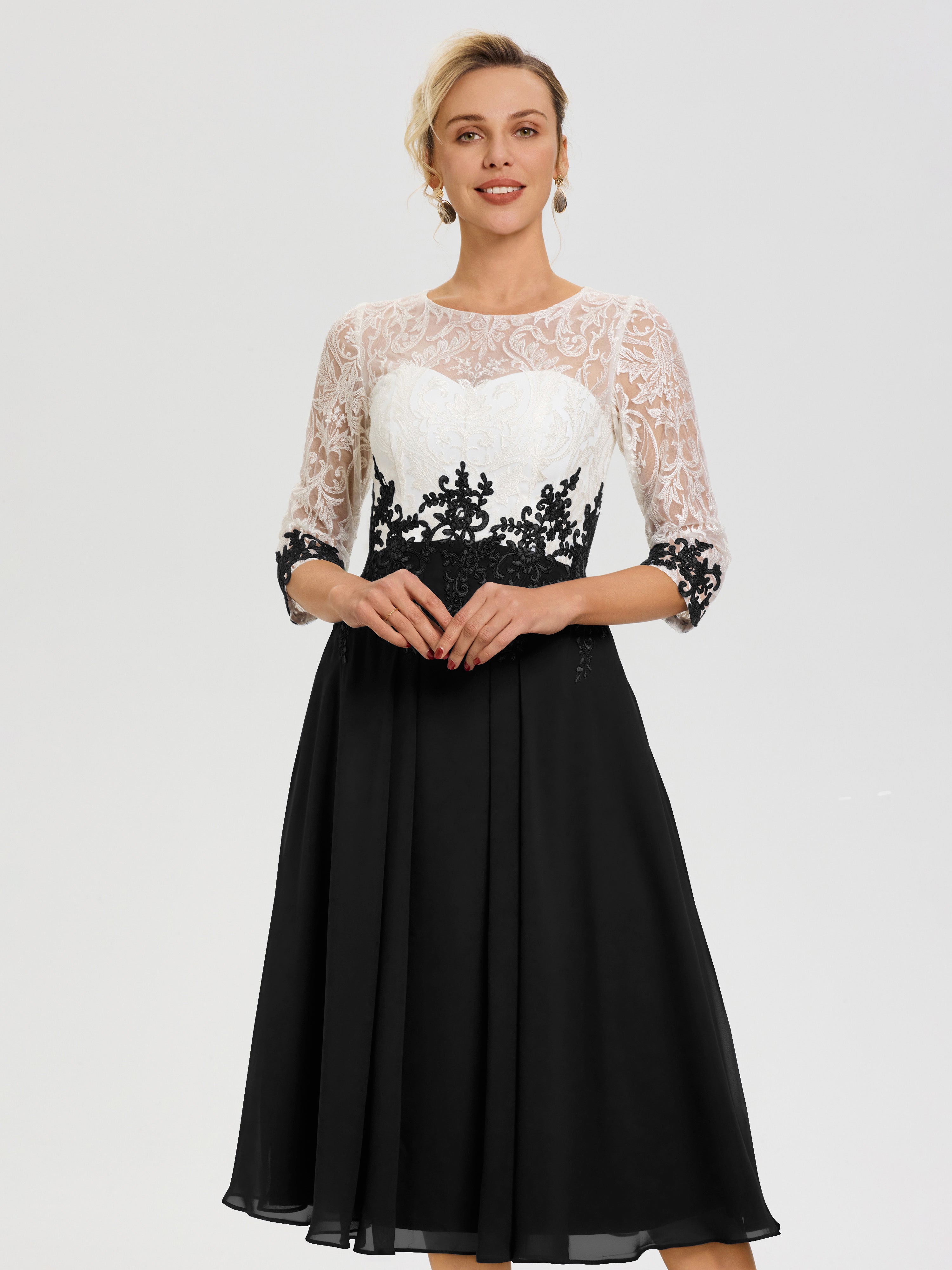 Robe De Cérémonie Mère De La Mariée Noir Col Rond Mousseline & Dentelle 3/4 Manches Robe Mère Mariée