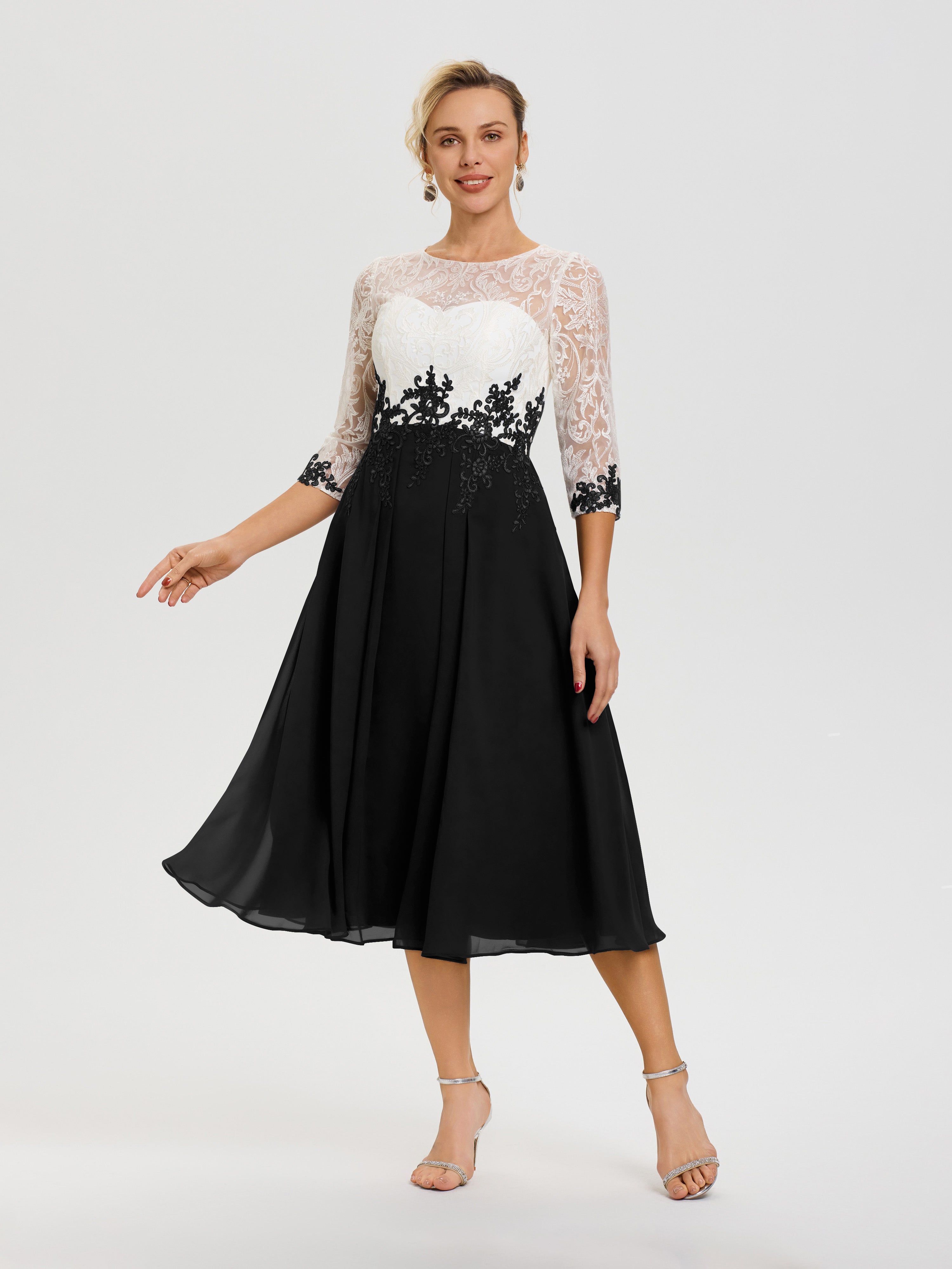 Robe De Cérémonie Mère De La Mariée Noir Col Rond Mousseline & Dentelle 3/4 Manches Robe Mère Mariée
