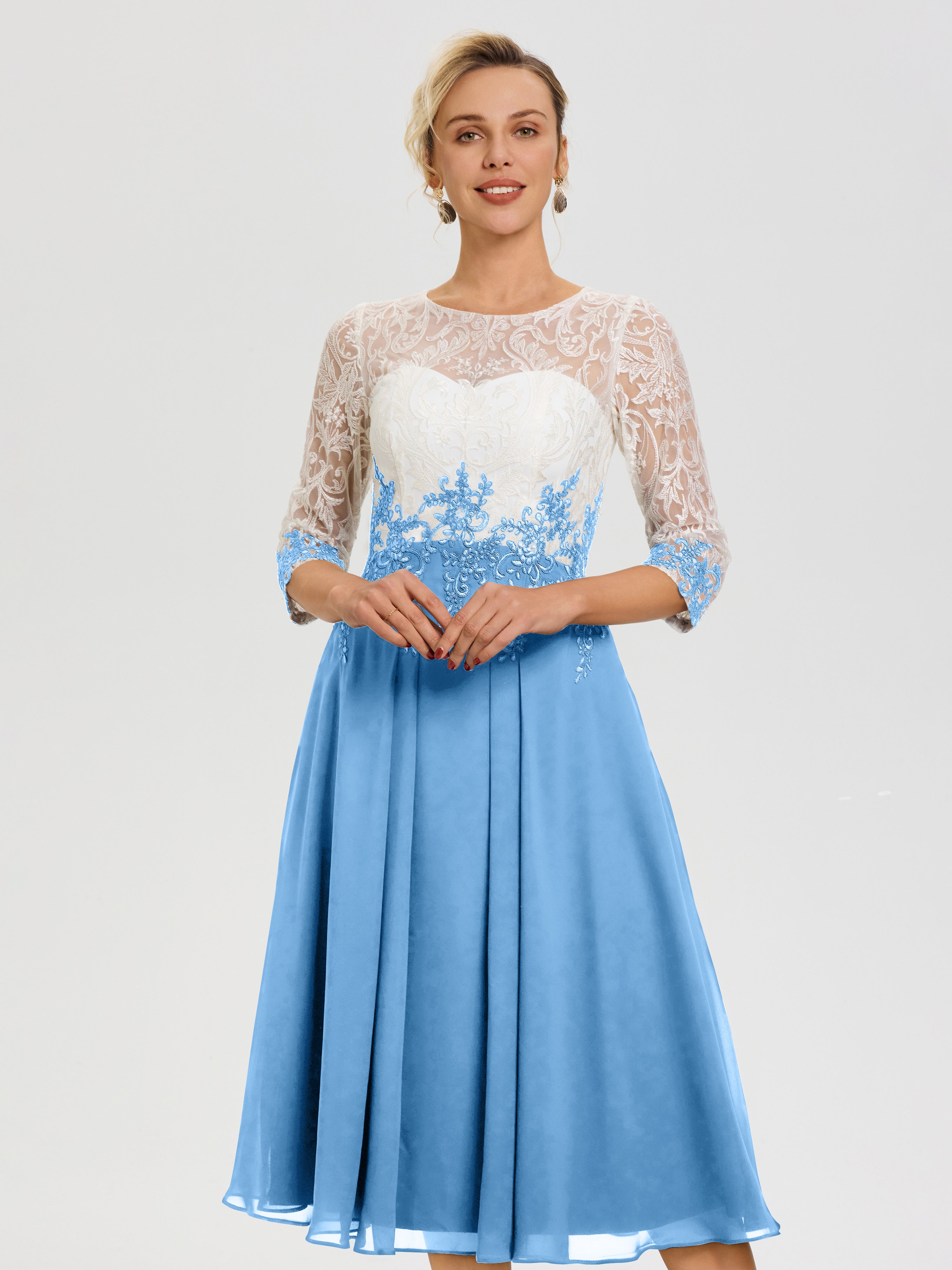 Robe Mère Mariée Bleu Col Rond Mousseline & Dentelle 3/4 Manches Robe Mère Mariée