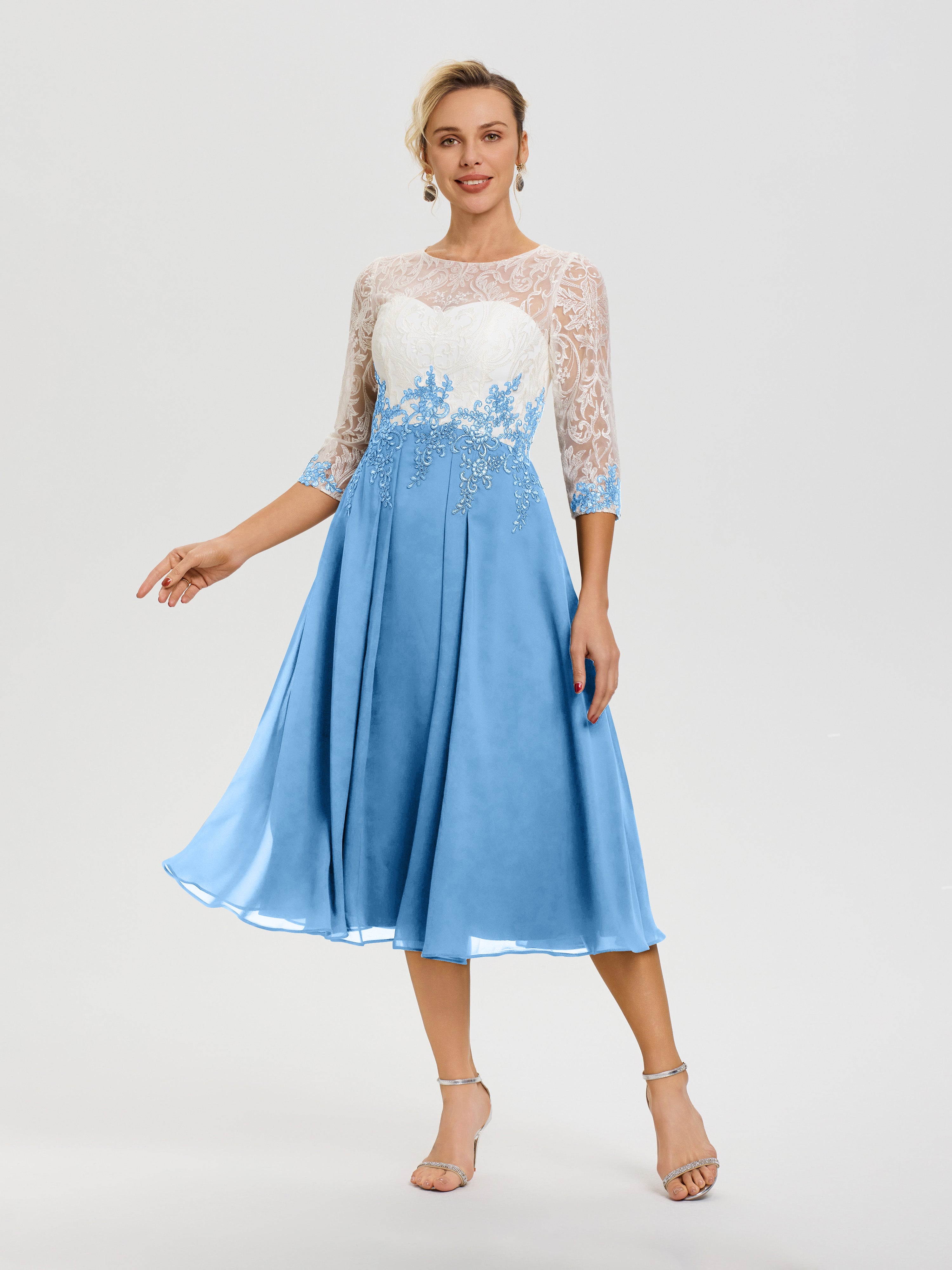 Robe Mère Mariée Bleu Col Rond Mousseline & Dentelle 3/4 Manches Robe Mère Mariée