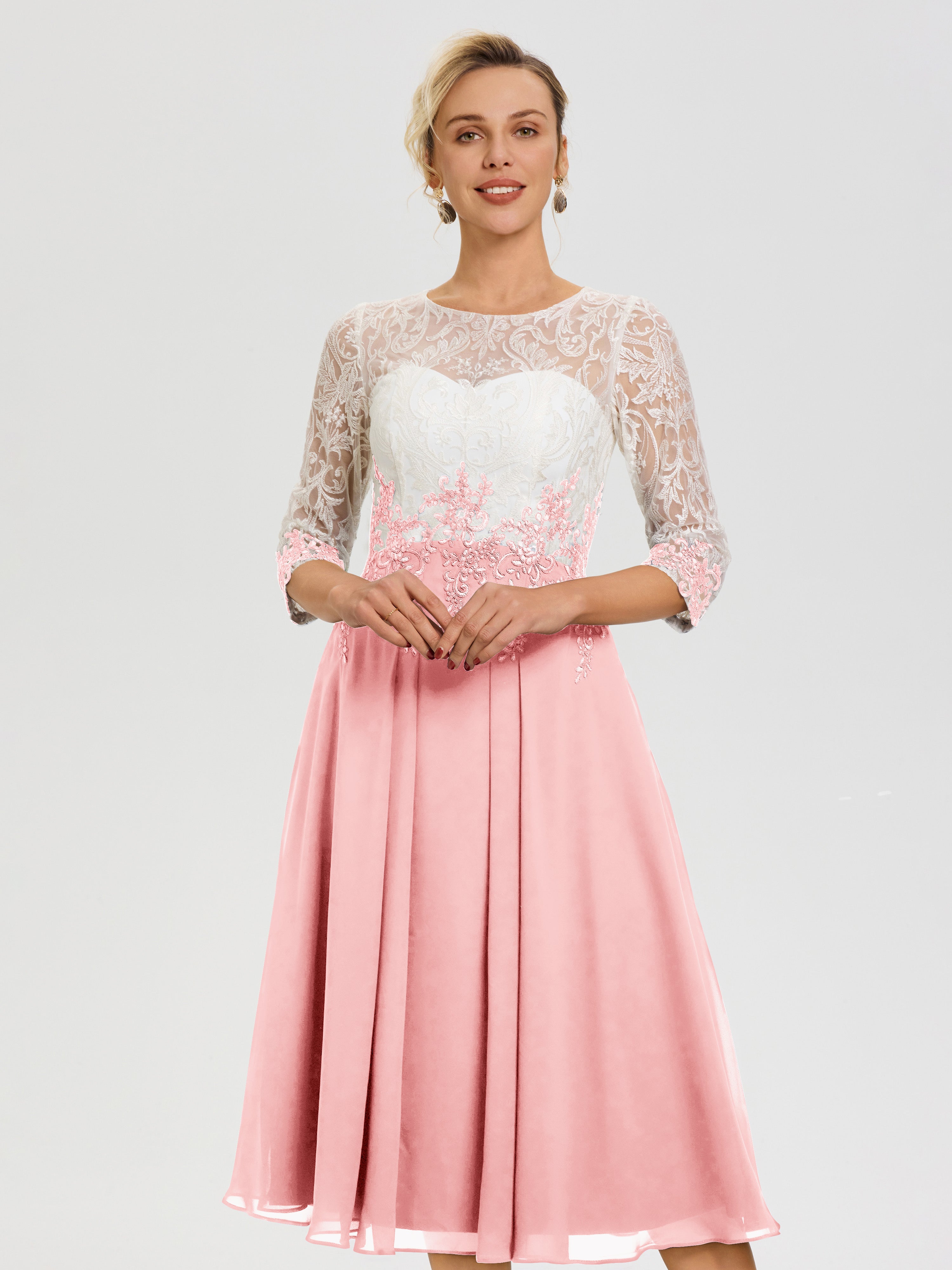 Robe Mere De La Mariee Rose Col Rond Mousseline & Dentelle 3/4 Manches Robe Mère Mariée