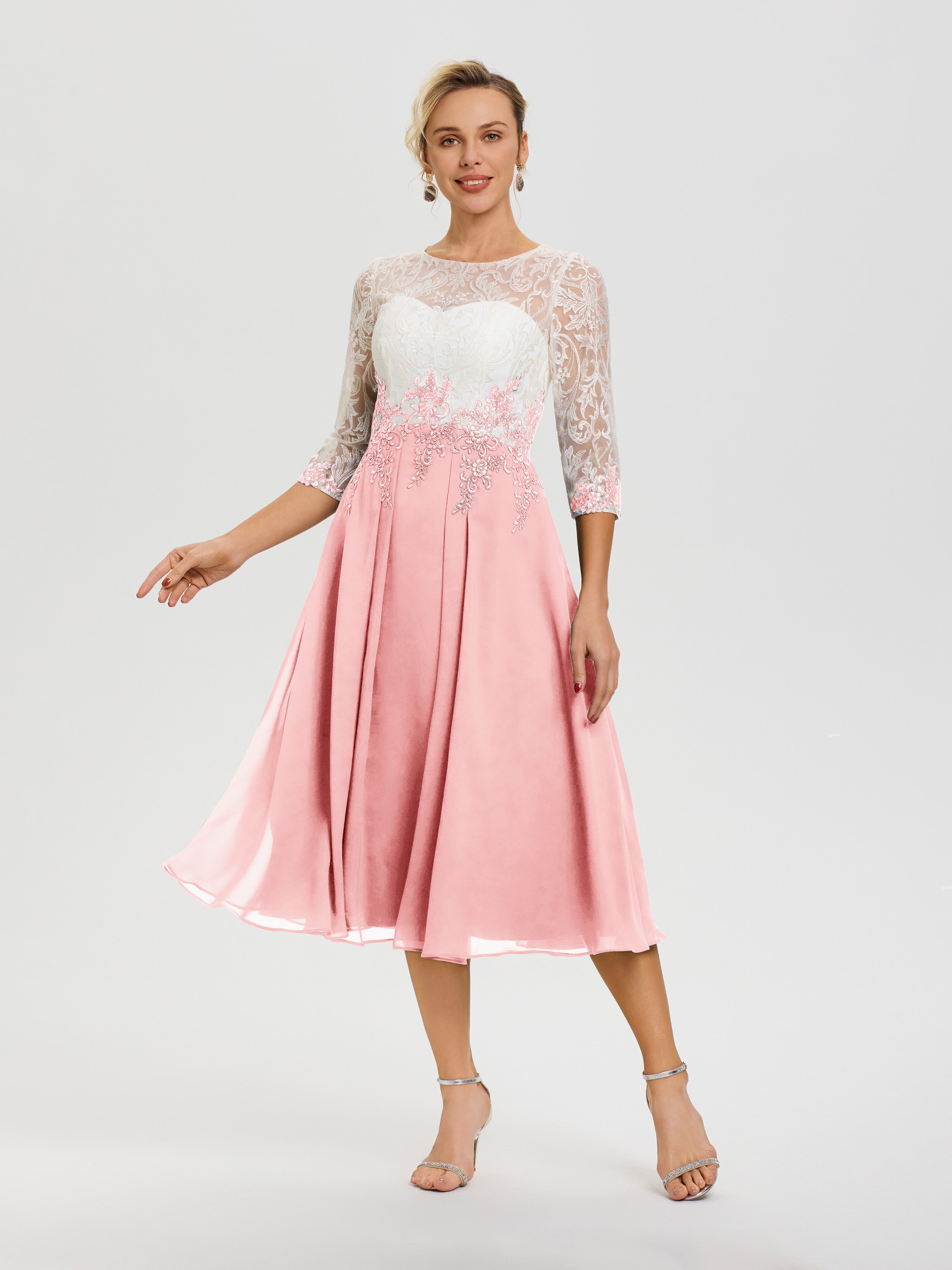 Robe Mere De La Mariee Rose Col Rond Mousseline & Dentelle 3/4 Manches Robe Mère Mariée